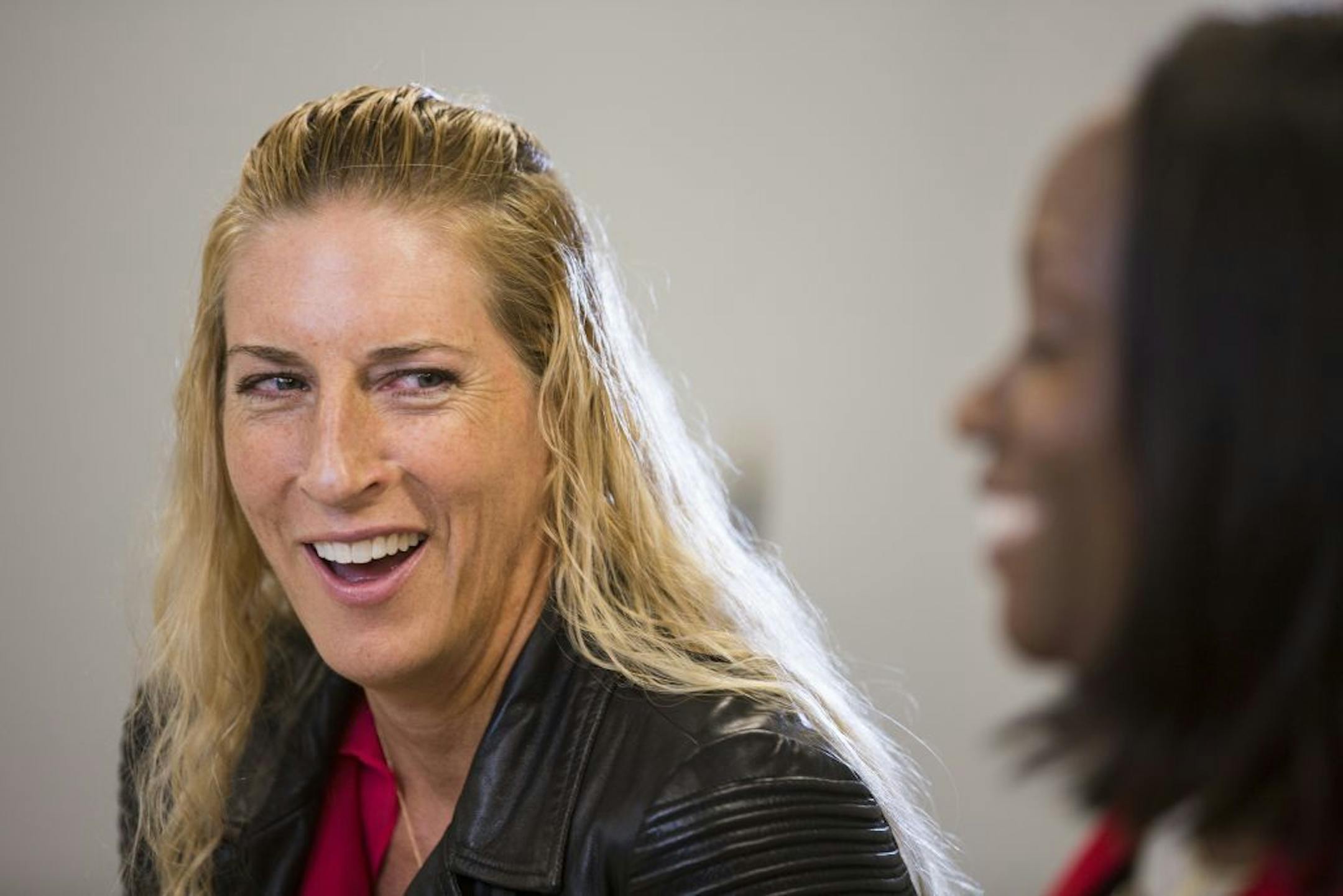 Philanthropist Erika Binger, left, and Satin Taylor Huff, whom Binger mentored 15 years ago at Boys & Girls Club, have a conversation in the Star Tribune studio in Minneapolis on Monday, September 28, 2015.