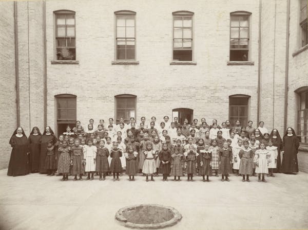 Students in front of the St. Benedict’s Mission School on the White Earth Indian Reservation in the 1890s.