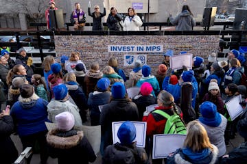 Monica Byron spoke to demonstrators at the Stabilize Our Schools by Stabilizing our Workforce Rally sponsored by the Minneapolis Federation of Teacher