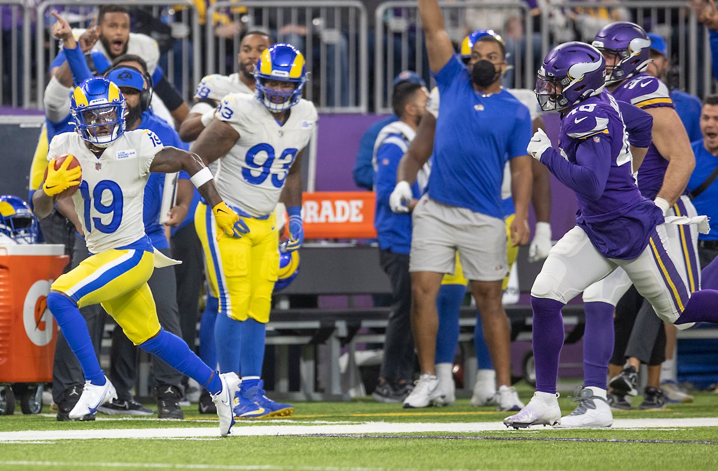 Rams wide receiver Brandon Powell (19) ran for a 61-yard touchdown return in the third quarter, Sunday, Dec. 26, 2021 in Minneapolis, Minn. The Minnesota Vikings hosted the Los Angeles Rams at U.S. Bank Stadium. ] ELIZABETH FLORES • liz.flores@startribune.com