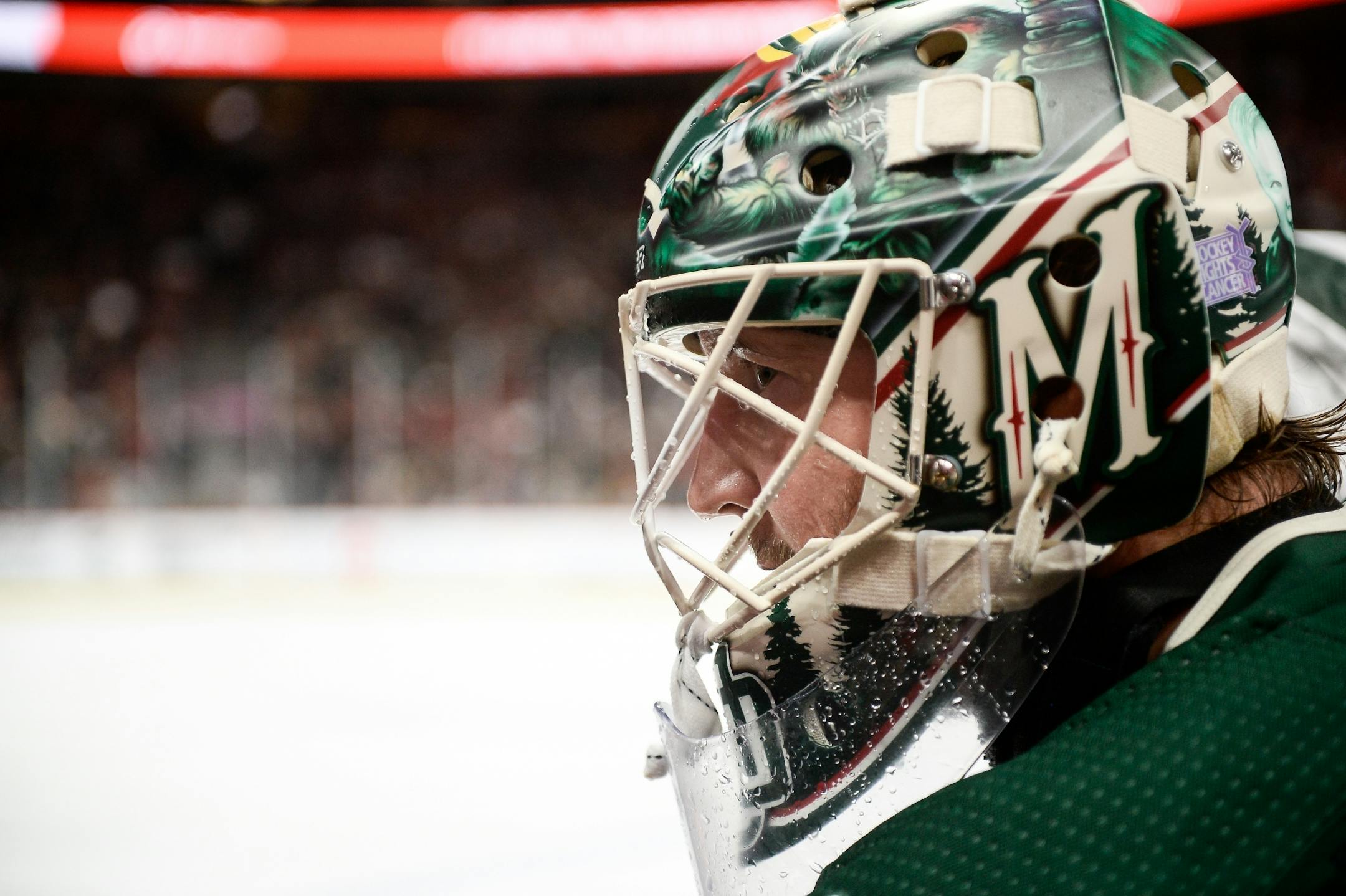 Minnesota Wild goalie Devan Dubnyk (40) looked on during a resurfacing timeout in the second period against the Chicago Blackhawk.