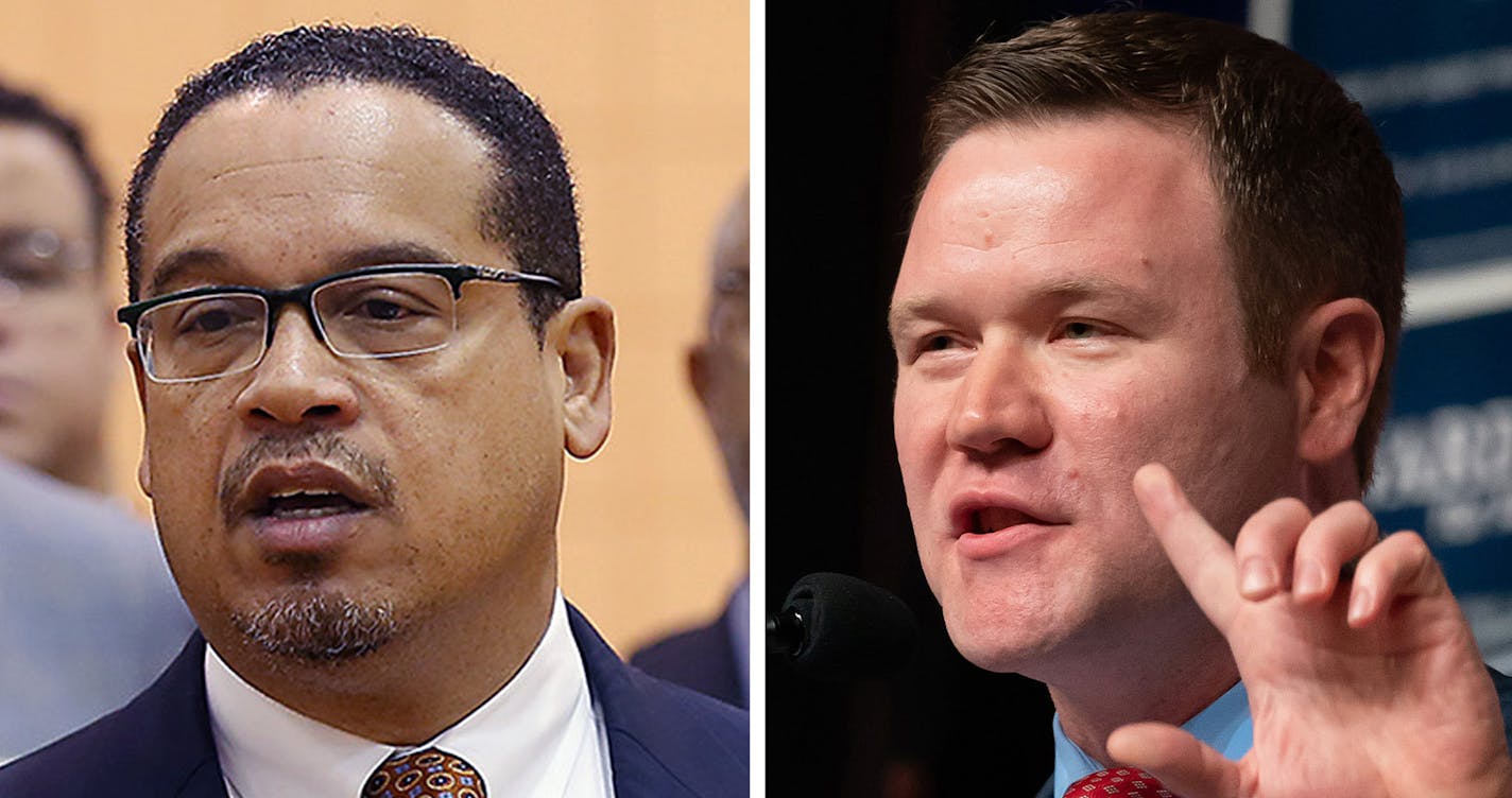 U.S. Rep. Keith Ellison, left, is widely known but a divisive candidate, according to the poll, while Doug Wardlow, right, has a lead among male voters.