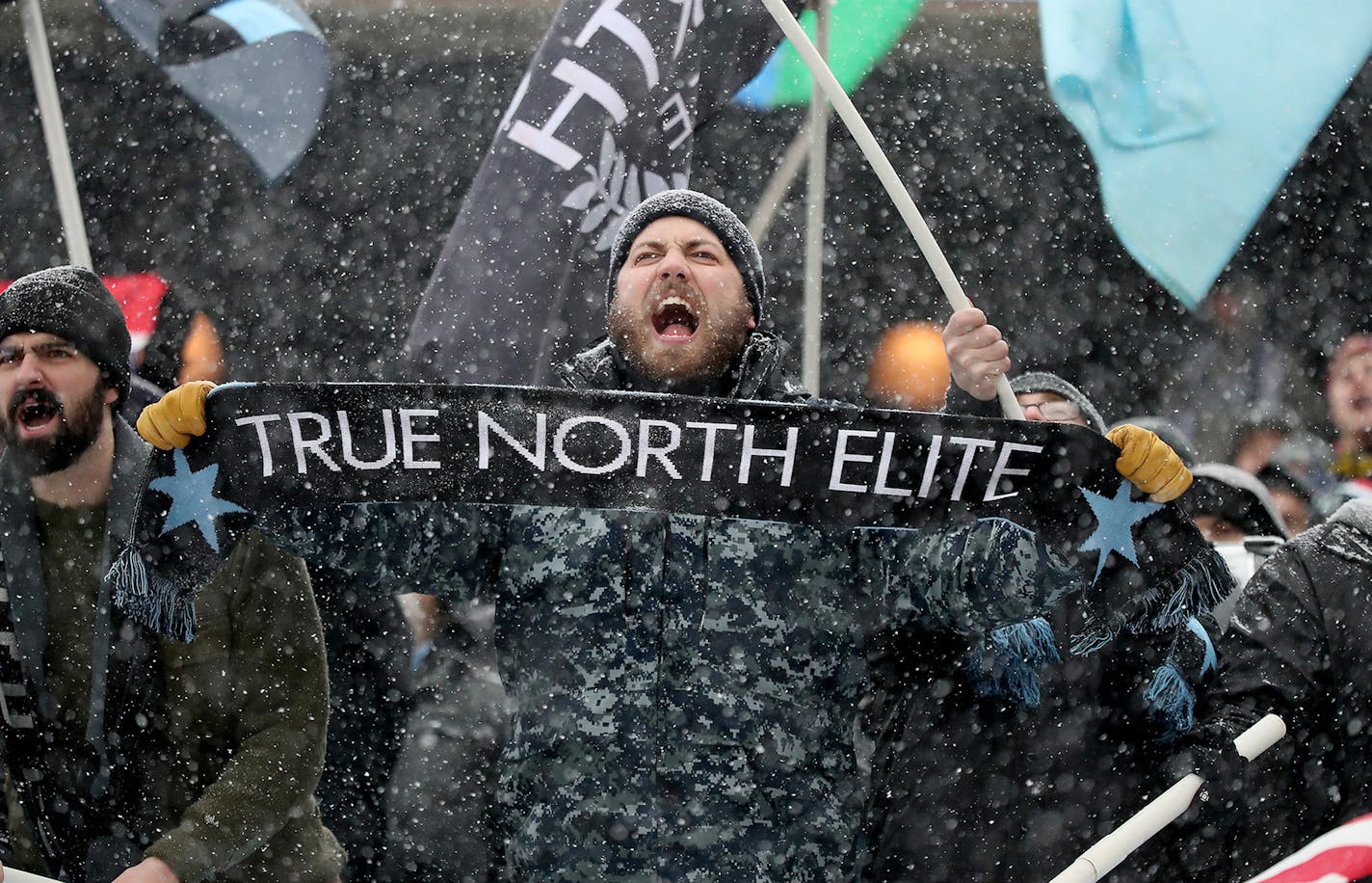 Minnesota United fans welcome the team onto the field before the Minnesota United FC took on Atlanta United on Sunday, March 12, 2017 at TCF Bank Stadium, in Minneapolis, Minn. True North Elite, established in 2015 to be a "boisterous voice during Minnesota United FC matches," identifies itself as "an anti-racist, anti-homophobic and anti-violent soccer supporter group from Minnesota." (Elizabeth Flores/Minneapolis Star Tribune/TNS) ORG XMIT: 1198831