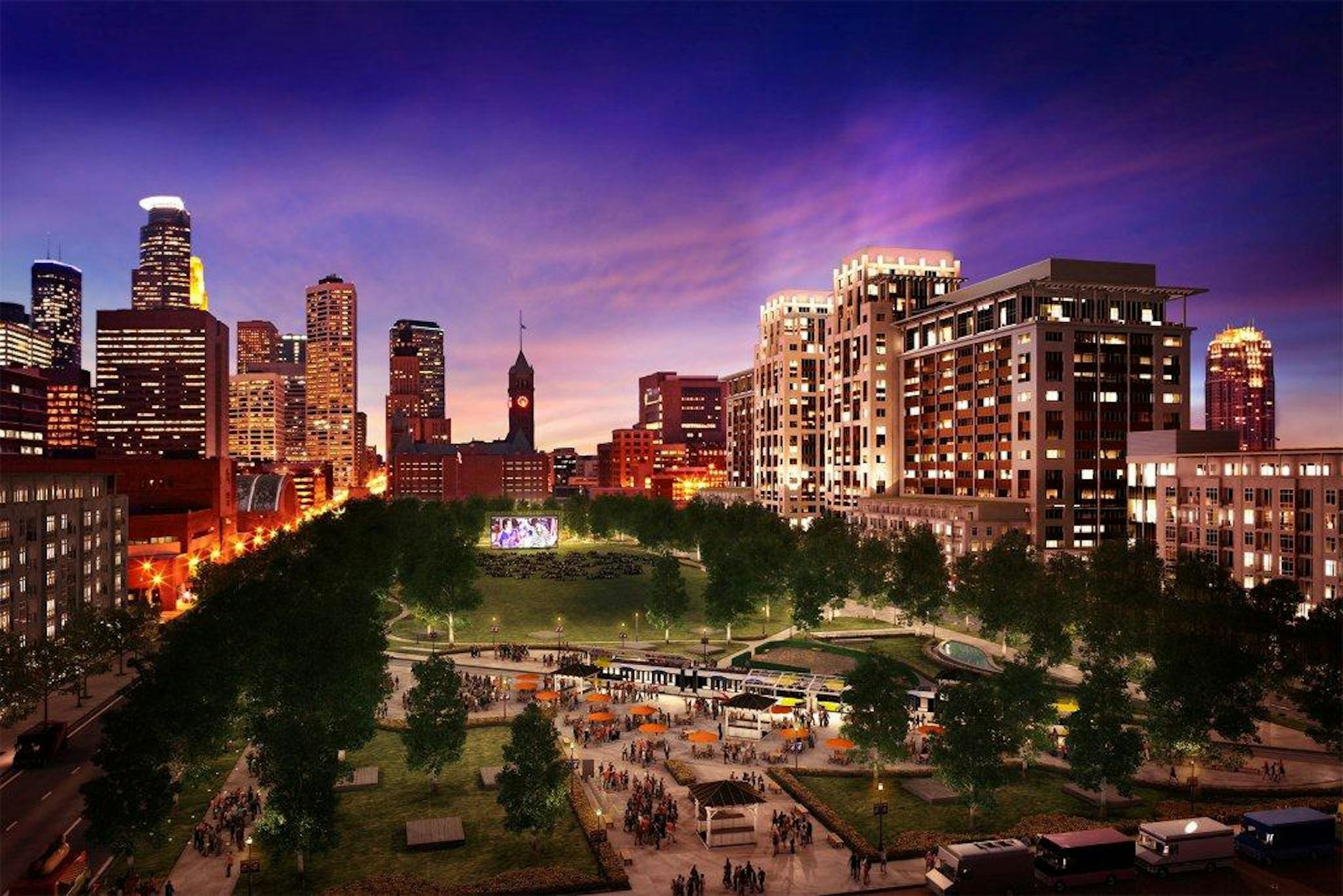 Ryan Companies proposal for a $400 million redevelopment of five blocks now dominated by surface parking lots between the downtown central business district and the new stadium. It includes 300 housing units, 40,000 square-feet of retail and 1.16 million square feet of office space in two 20-story towers.