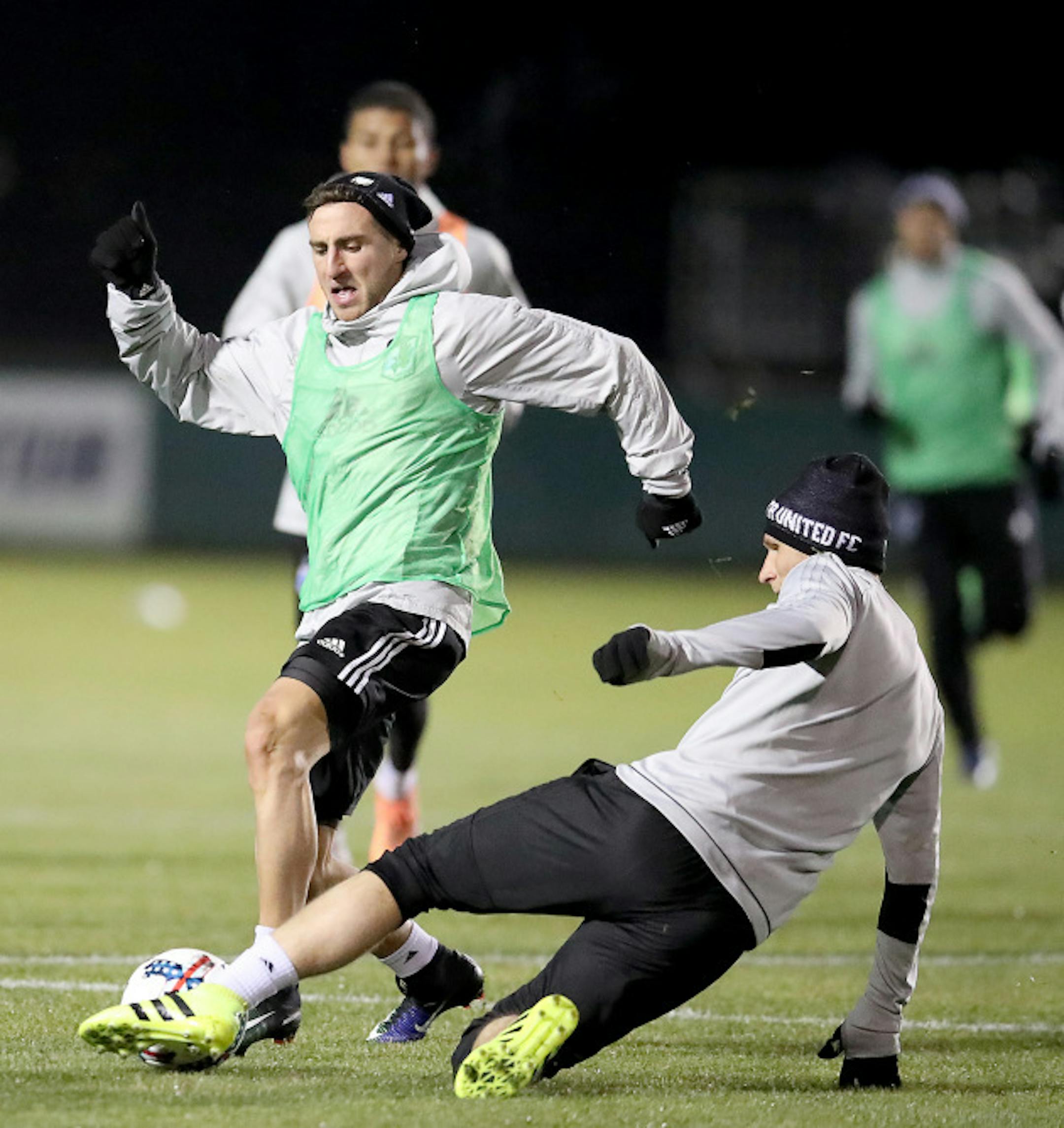 Danish winger Bashkim Kadrii, in green, practice with Minnesota United FC on Tuesday in Portland. (Liz Flores, Star Tribune.)