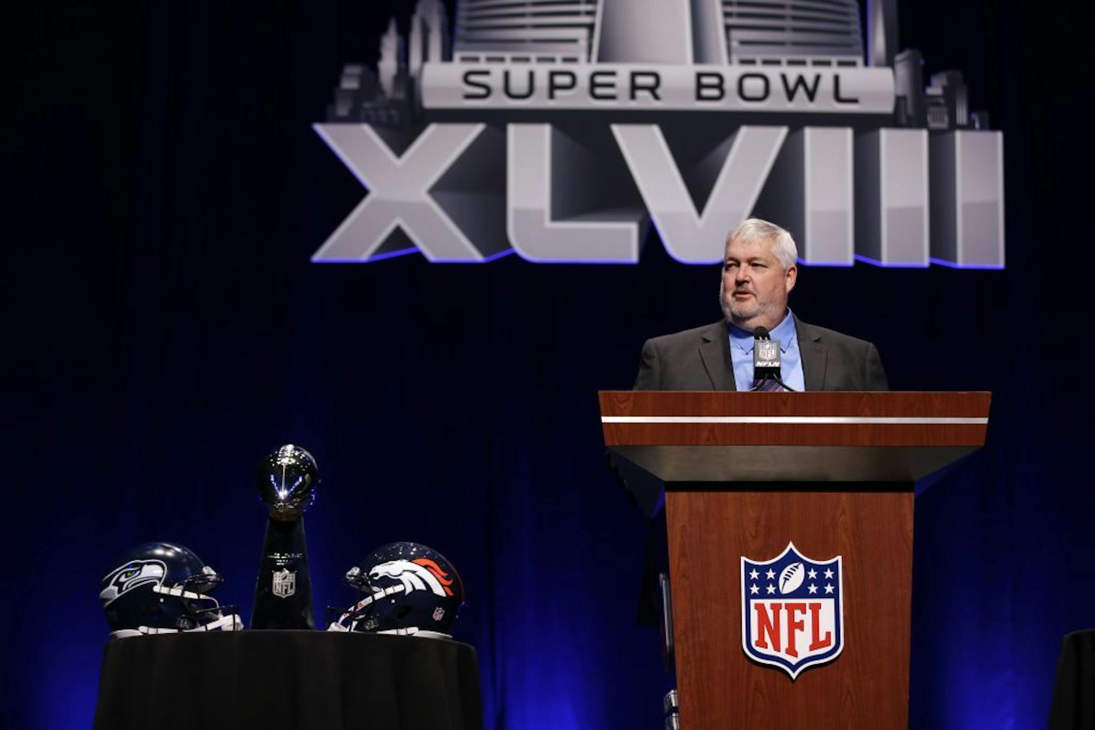 Eden Prairie High School Head Football Coach Mike Grant speaks after he was named the Don Shula NFL High School Coach of the Year at a news conference Friday, Jan. 31, 2014, in New York prior to the NFL Super Bowl XLVIII football game between the Denver Broncos and the Seattle Seahawks on Sunday, Feb. 2, at MetLife Stadium in East Rutherford, N.J.