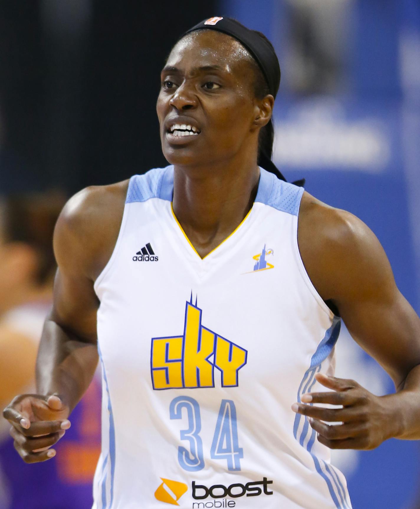 Chicago Sky center Sylvia Fowles (34) reacts against Phoenix Mercury during the first half of Game 3 of the WNBA Finals basketball series, Friday, Sept. 12, 2014, in Chicago. Phoenix Mercury defeated the Chicago Sky 87-82 and swept the WNBA Finals. (AP Photo/Kamil Krzaczynski) ORG XMIT: ILKK202