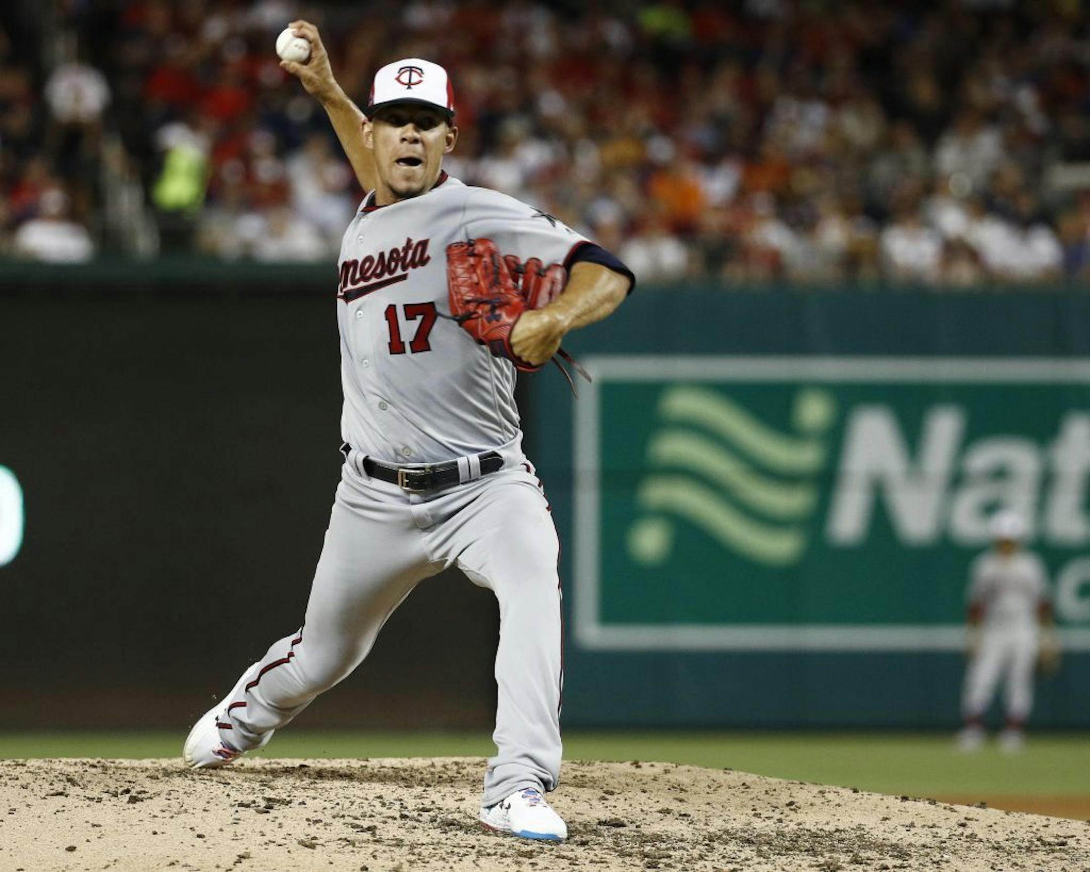 Minnesota Twins pitcher Jose Berrios (17) works during the fifth inning at the Major League Baseball All-star Game, Tuesday, July 17, 2018 in Washington.