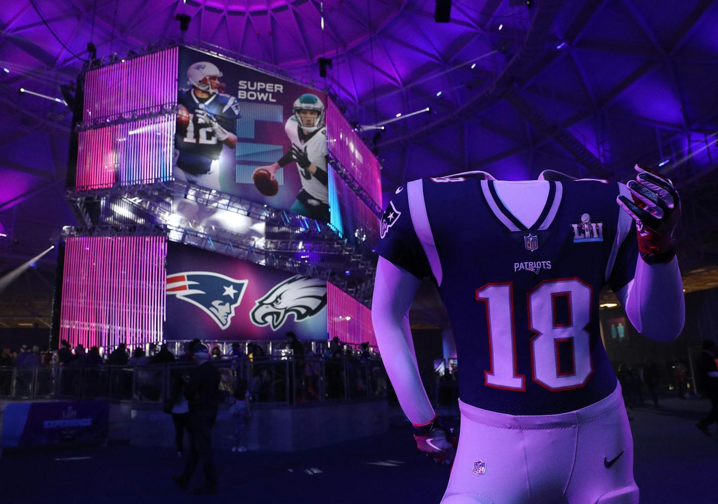 Fans can pose in this headless Patriots player replica, which stands near the line for photos of the Vince Lombardi Trophy.