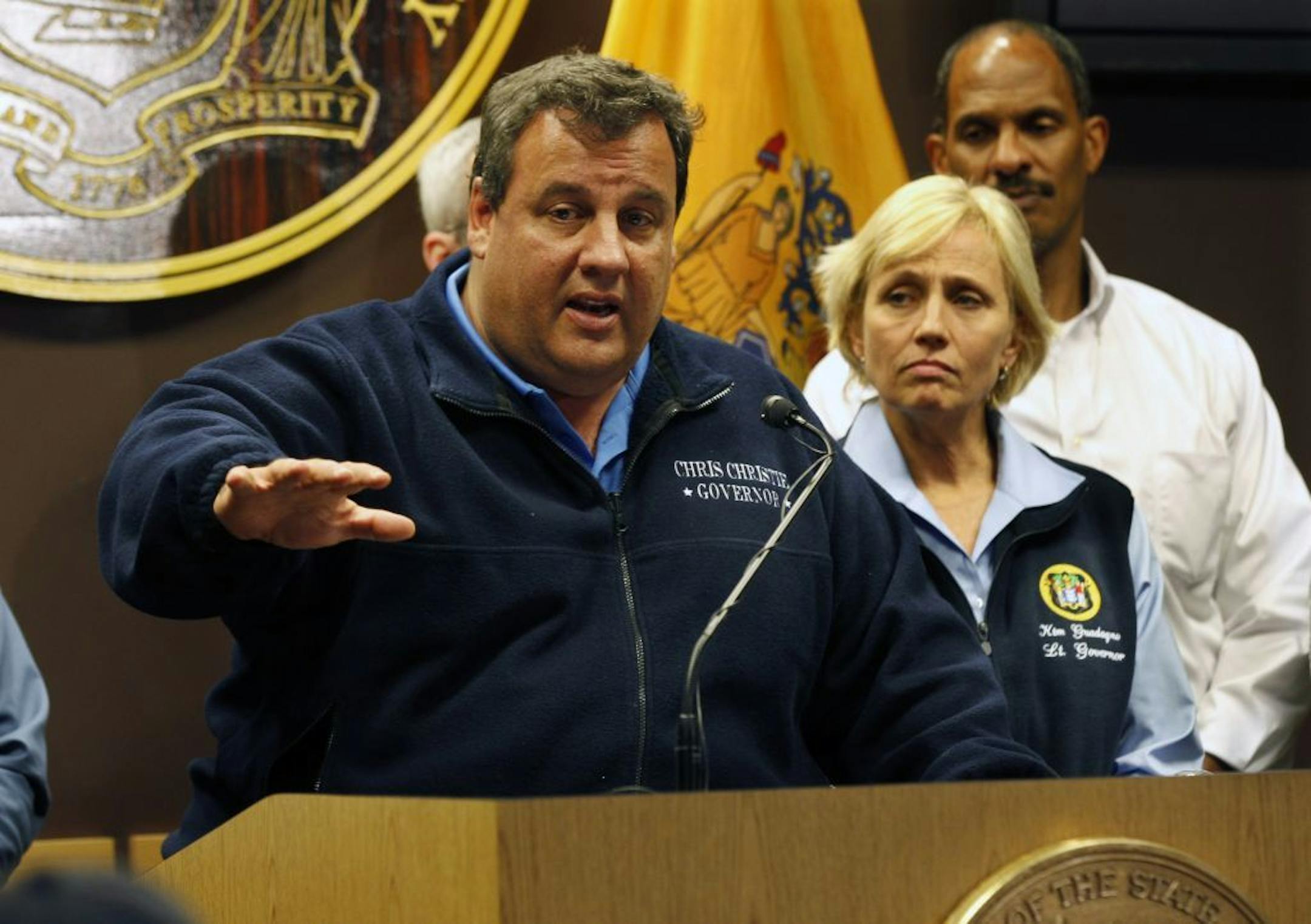 In the aftermath of Superstorm Sandy, New Jersey Lt. Gov. Kim Guadagno stood next to Gov. Chris Christie on Tuesday, Oct. 30, 2012, in Ewing, N.J.