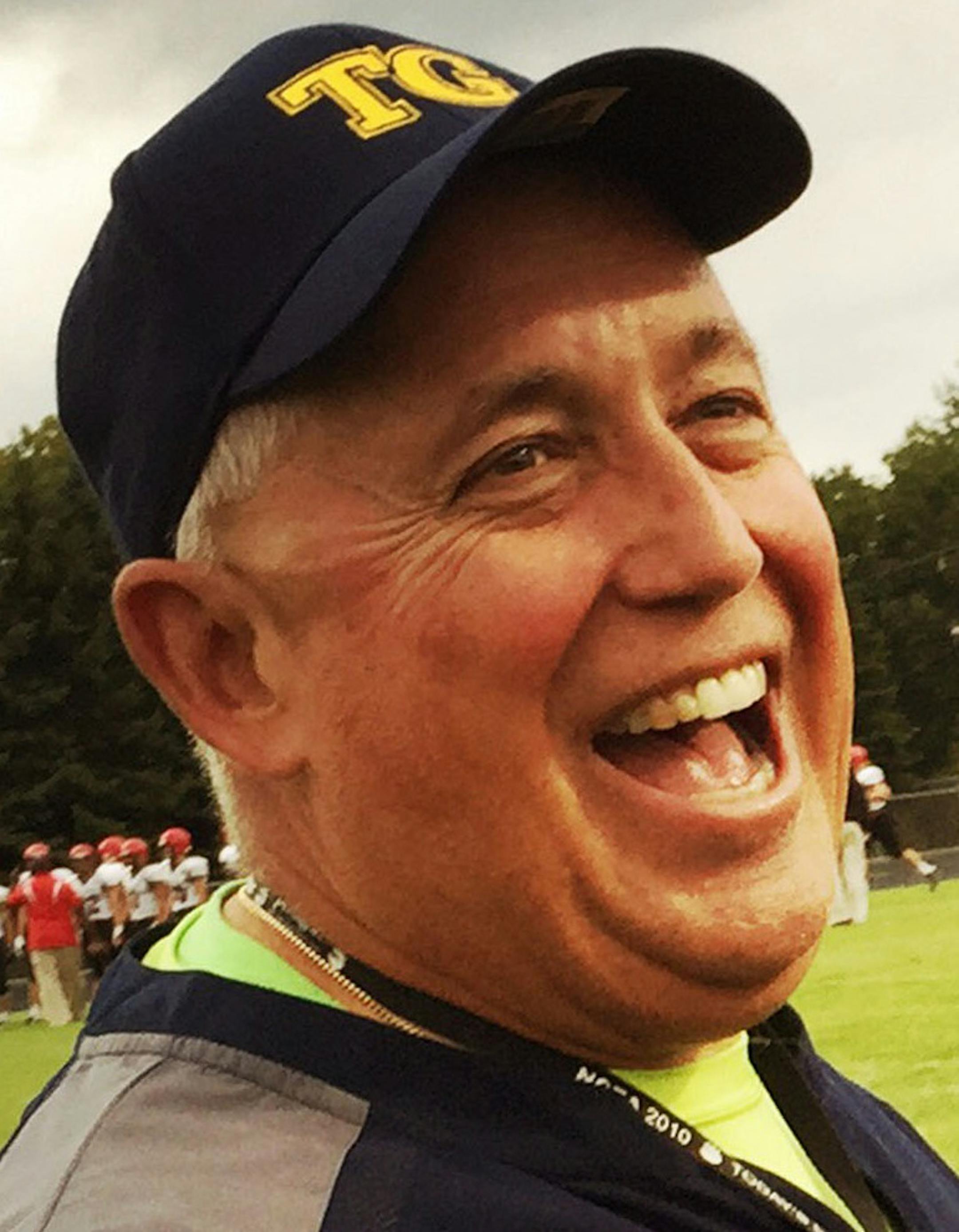Head coaches Jeff Ferguson, Totino Grace and Mike Grant, Eden Prairie joked around as they figured out how late to start the game due to bad weather. ] (KYNDELL HARKNESS/STAR TRIBUNE) kyndell.harkness@startribune.com Eden Prairie at Totino-Grace in Fridley , Min., Saturday August 22, 2015. ORG XMIT: MIN1508221914041739