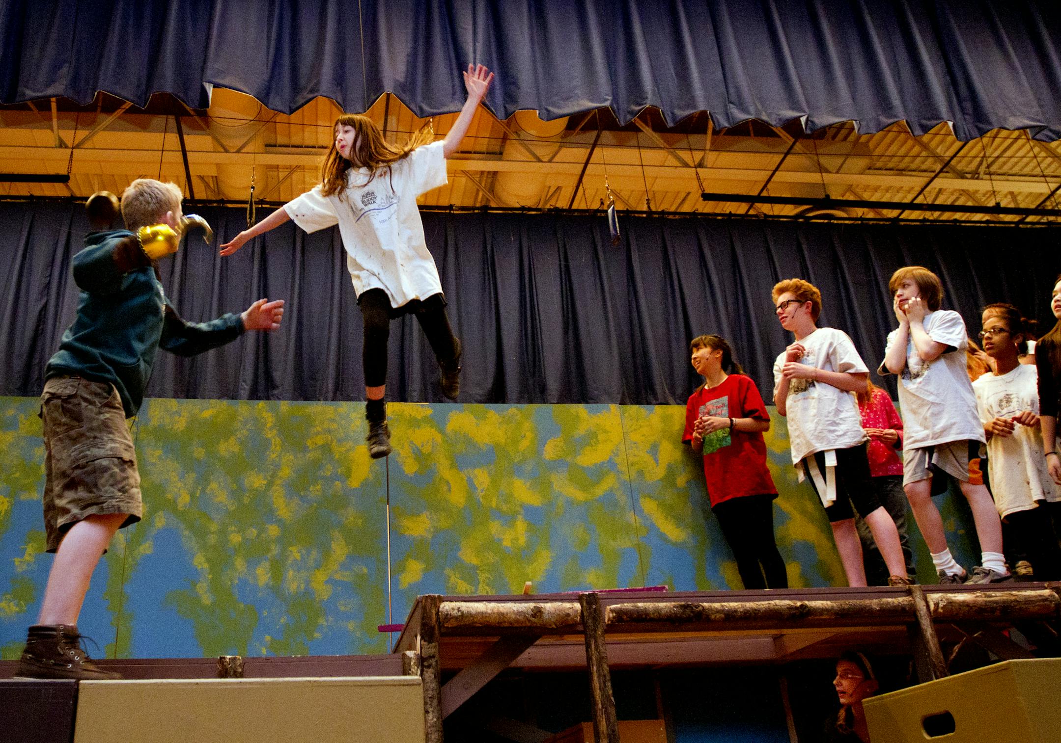 Northeast Middle School students rehearsed for their upcoming show "Peter Pan" at Northeast Middle School in Minneapolis on Wednesday, April 10, 2013. The Northeast Middle School community has worked hard to raise several thousand dollars so that their performances of "Peter Pan" on April 18-19 will include characters that can fly to Neverland. ] NICOLA LOSIK* nicola.losik@startribune.com