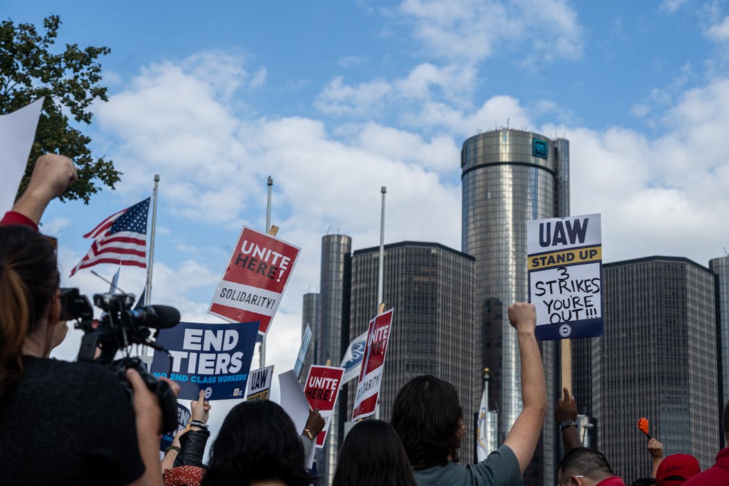 Striking UAW autoworkers demonstrated at a rally in downtown Detroit on Friday, Sept. 15, 2023. 