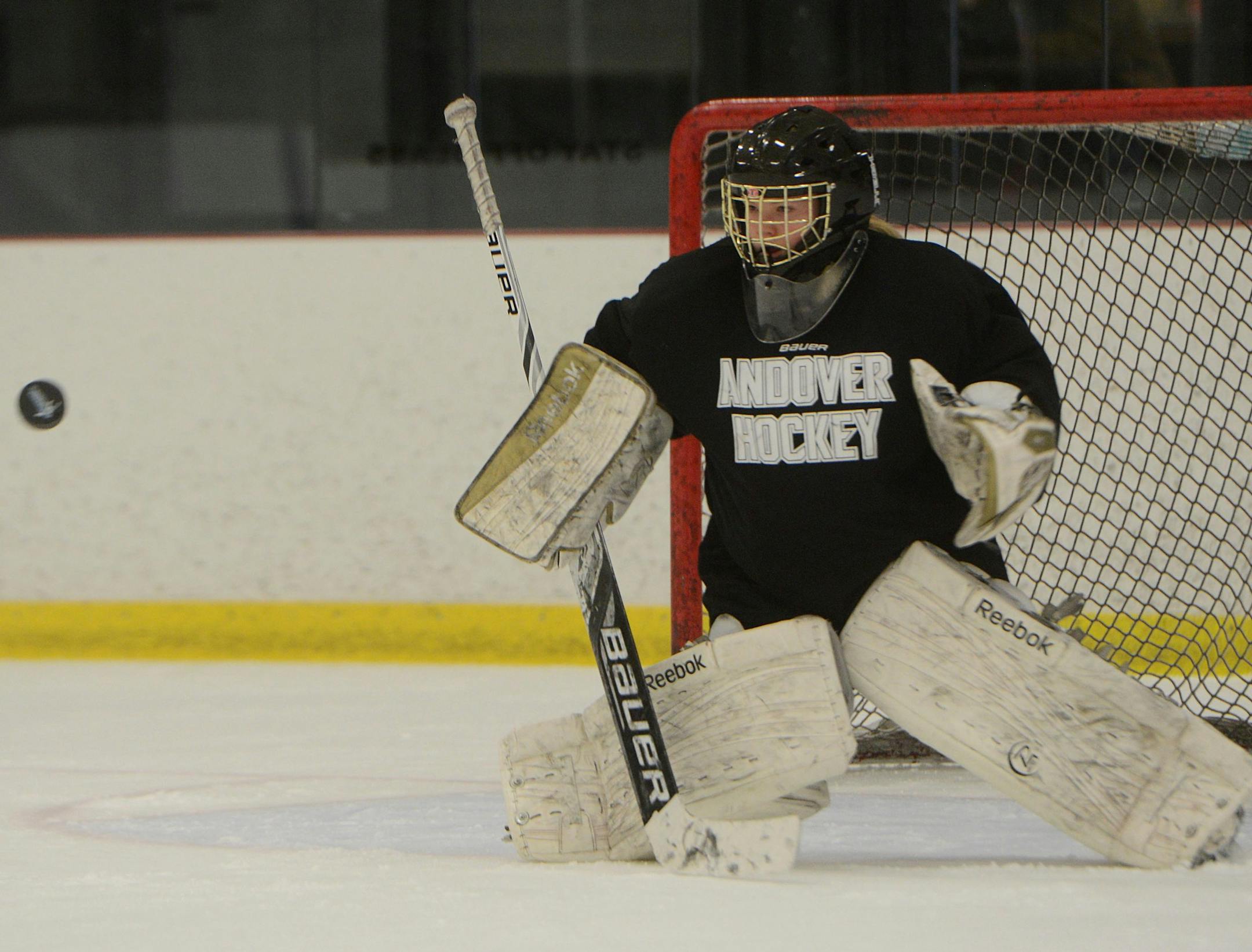Eighth grade goalie Cassidy Stumo tends the goal as a puck flies at her. ] BRIDGET BENNETT SPECIAL TO THE STAR TRIBUNE • bridget.bennett@startribune.com Stumo stepped up after the team lost their standout goalie to the boys program. Andover girls' hockey team lost their standout goalie before the season to the boys' program but still qualified for the state tournament. 8th grader Cassidy Stumo has been their main goalie so far this season. Monday, Feb. 16, 2015 at Andover Community Center