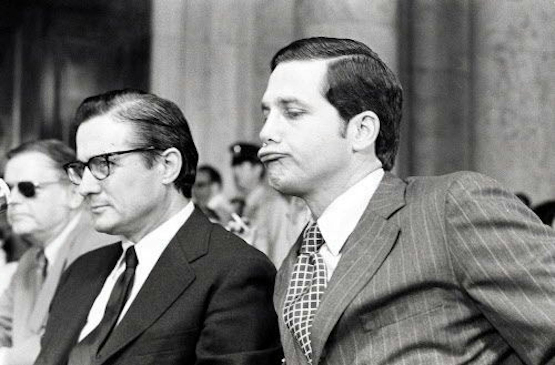 Jeb Stuart Magruder, right, ponders an answer while testifying before the Senate Watergate Committee in Washington in this June 14, 1973 file photo.