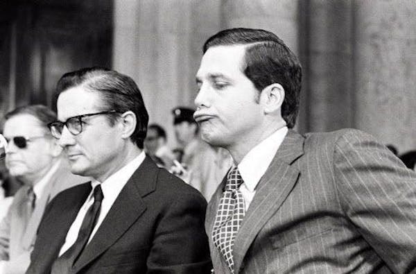 Jeb Stuart Magruder, right, ponders an answer while testifying before the Senate Watergate Committee in Washington in this June 14, 1973 file photo.