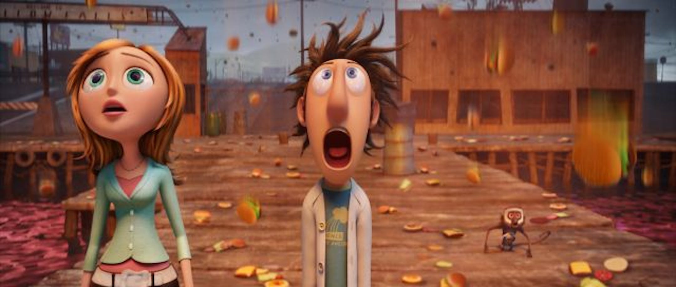 In this film publicity image released by Columbia/Sony Pictures Animation, the characters Sam Sparks, voiced by Anna Faris, and Flint Lockwood, voiced by Bill Hader, are shown in a scene from Columbia Pictures' "Cloudy With A Chance of Meatballs."
