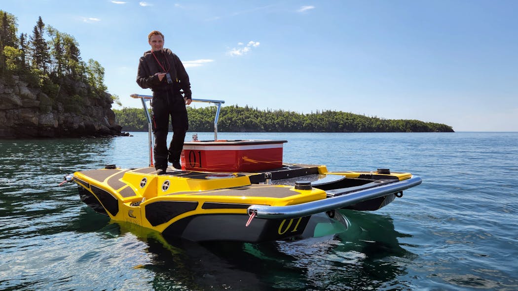 The pilot of a U-Boat Worx submersible waited for Viking Octantis cruise passengers to come aboard on Lake Superior.