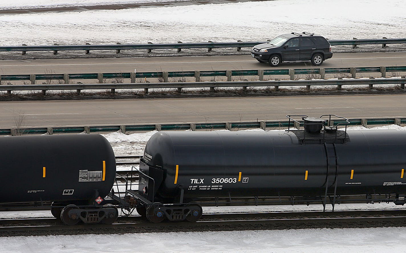 Canadian Pacific has seen a dramatic increase in crude oil shipments in tank cars. This crude-only &#x201c;unit train&#x201d; passed through St. Paul (here, along Warner Road and the Mississippi River) on Feb. 27. Unit trains of up to 120 cars are loaded with crude in at terminals in North Dakota and Canada and take their cargo to a single destination, often refineries on the East Coast and Gulf Coasts. It was not known where this train originated or was headed. CP says that 53,500 car loads of