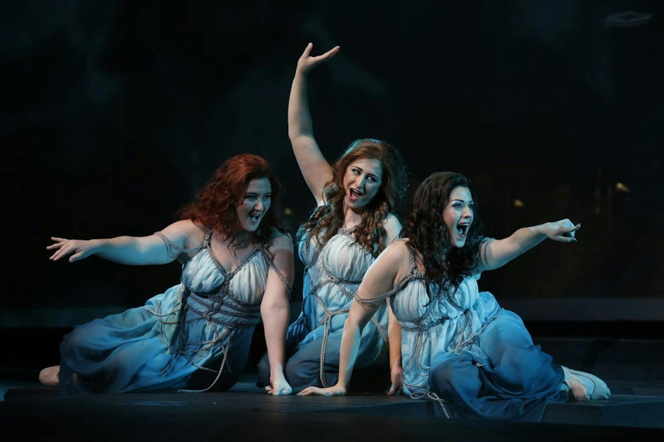 Cory Weaver Mary Evelyn Hangley, Alexandra Razskazoff, and Nadia Fayad as the Rhinemaidens in the Minnesota Opera's production of Das Rheingold.