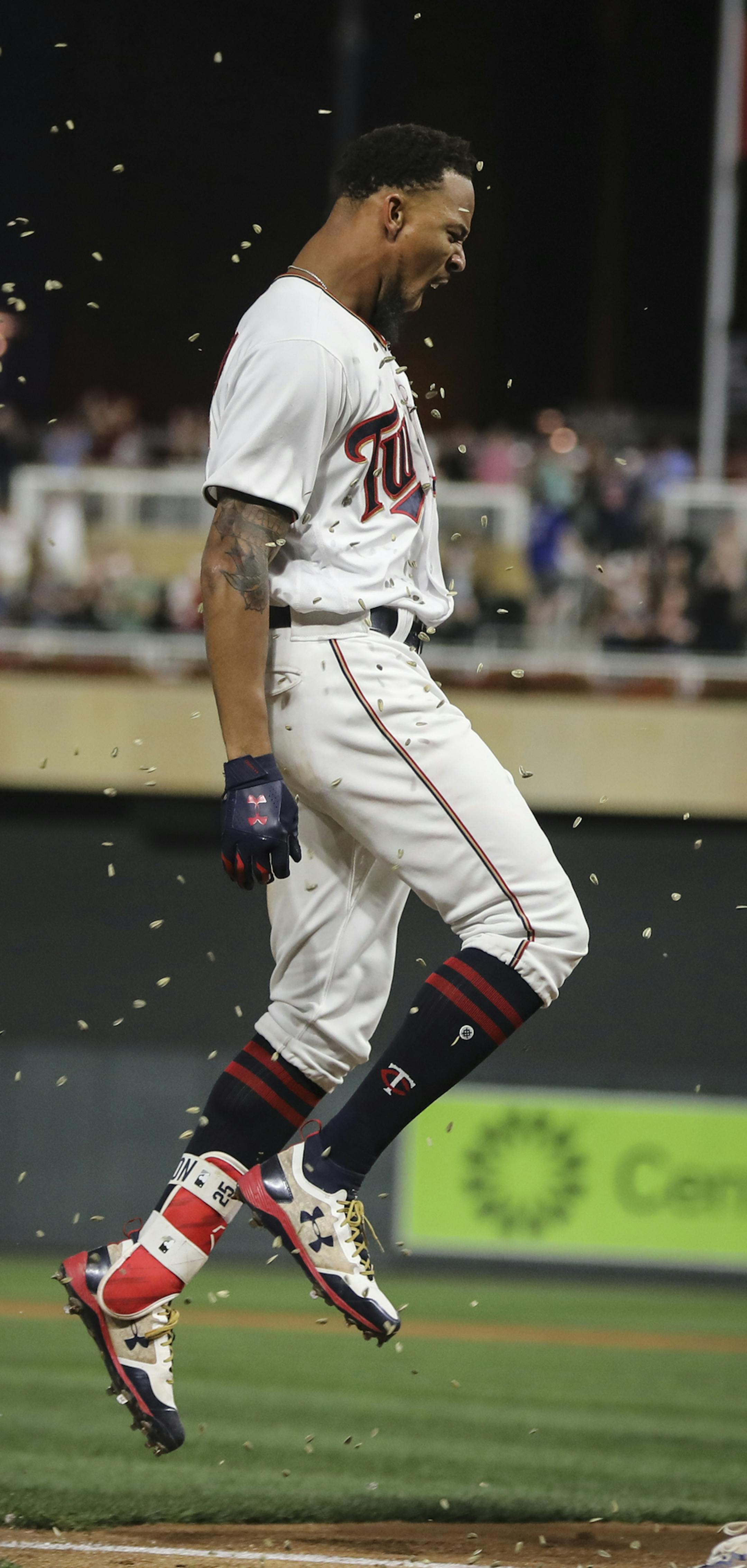 Minnesota Twins center fielder Byron Buxton (25) celebrated his bottom of the tenth inning home run to win the game 3/2. ] RENEE JONES SCHNEIDER • renee.jones@startribune.com The Minnesota Twins played the Toronto Blue Jays on Thursday, September 14, 2017, at Target Field in Minneapolis, Minn.