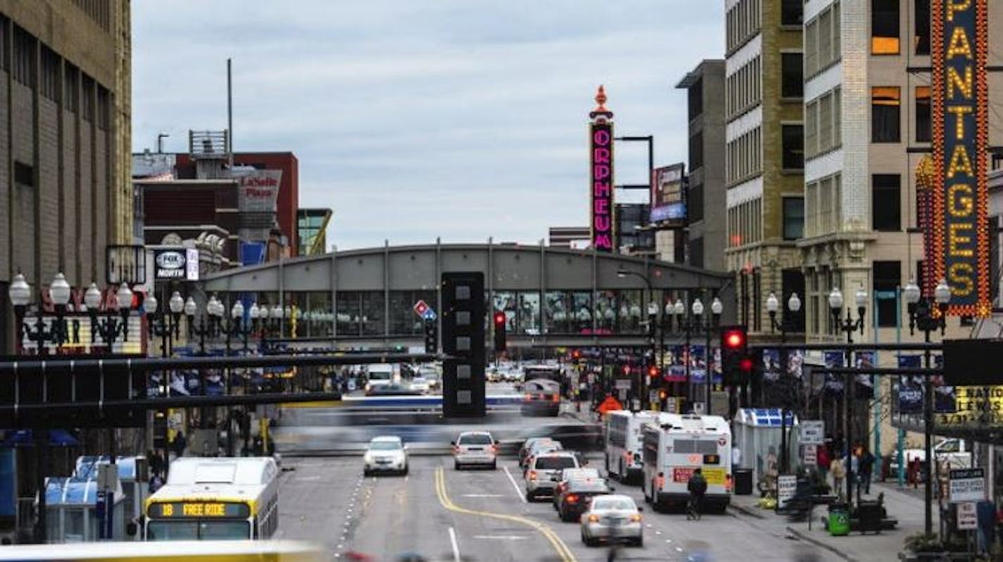 A woman was fatally stabbed along the Hennepin Avenue theater district shortly after sunset Saturday. Credit: Aaron Lavinsky -- Star Tribune