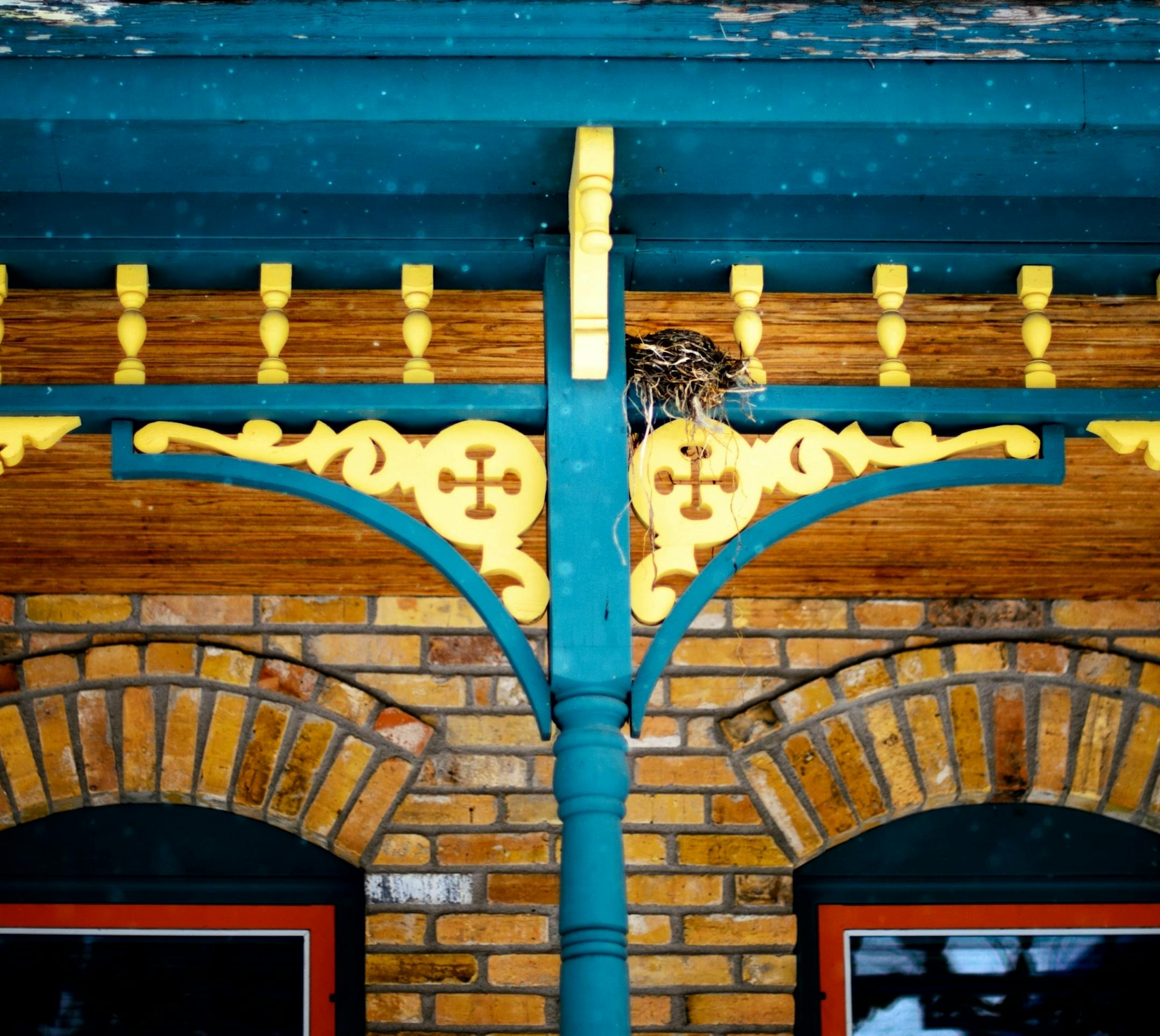 Last seasons birds nest is nestled into the brightly colored woodwork of a Milwaukee Avenue home.
