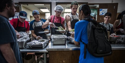 The diner hour is a busy time for volunteers. On the menu, Philly steak on a bun with a green salad and zucchini from the kitchen's gardens. ] Loaves and Fishes is on track to serve a record 1 million meals this year. That's one-third more than last year. Minnesotans visited food shelves a record 3.4 million times in 2017, more often than even during the recession. Richard Tsong-Taatarii&#x2022;rtsongtaatarii@startribune.com