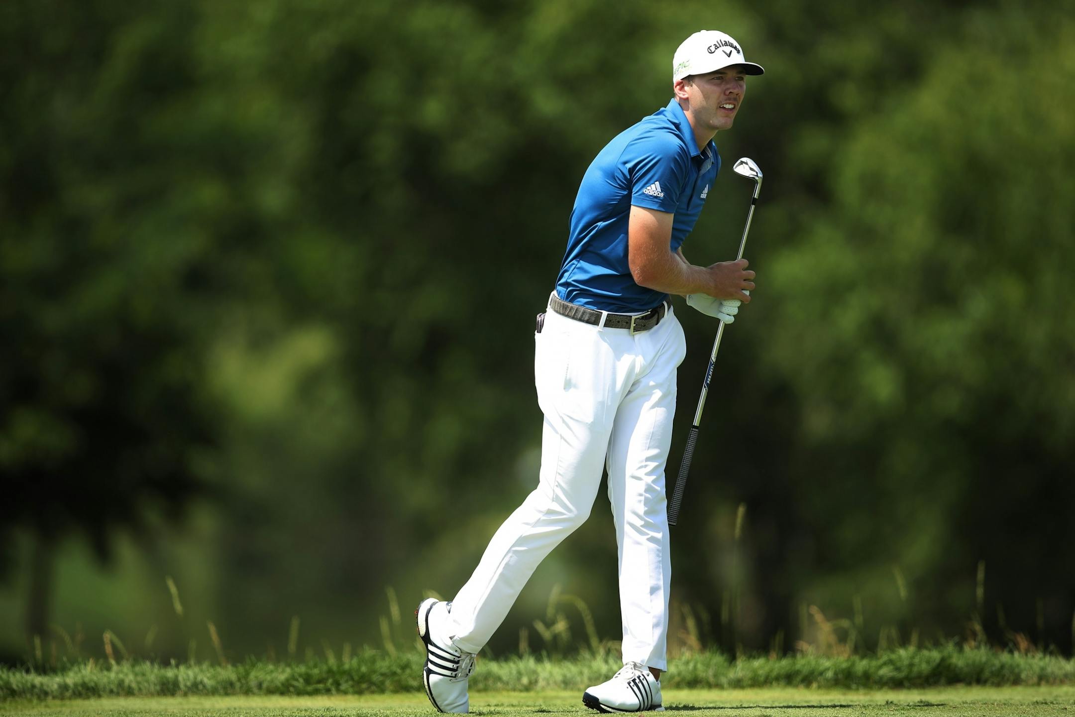 Sam Burns tees off at 4 during third round action at TPC Twin Cities Saturday July,6 2019 in Blaine, MN.