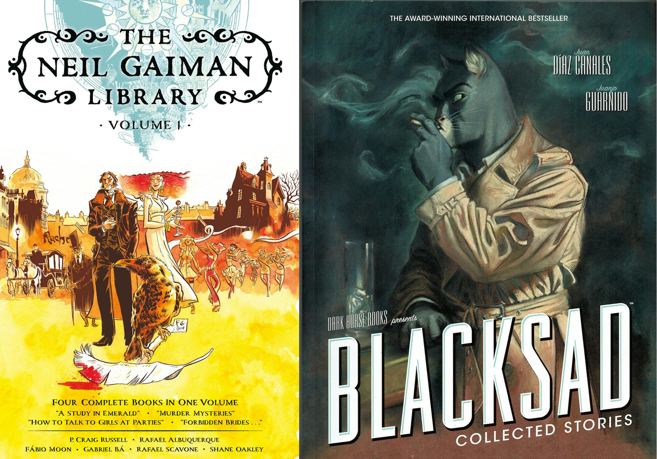 Dark Horse Books/TNS The first volume of Dark Horse's "Neil Gaiman Library," left, contains four complete stories by the master that have been adapted to comics. Cover art by Fabian Moon. "Blacksad Collected Stories," right, is such good detective noir you'll quickly forget that the characters are all anthropomorphic animals. Cover art by Juanjo Guarnido.