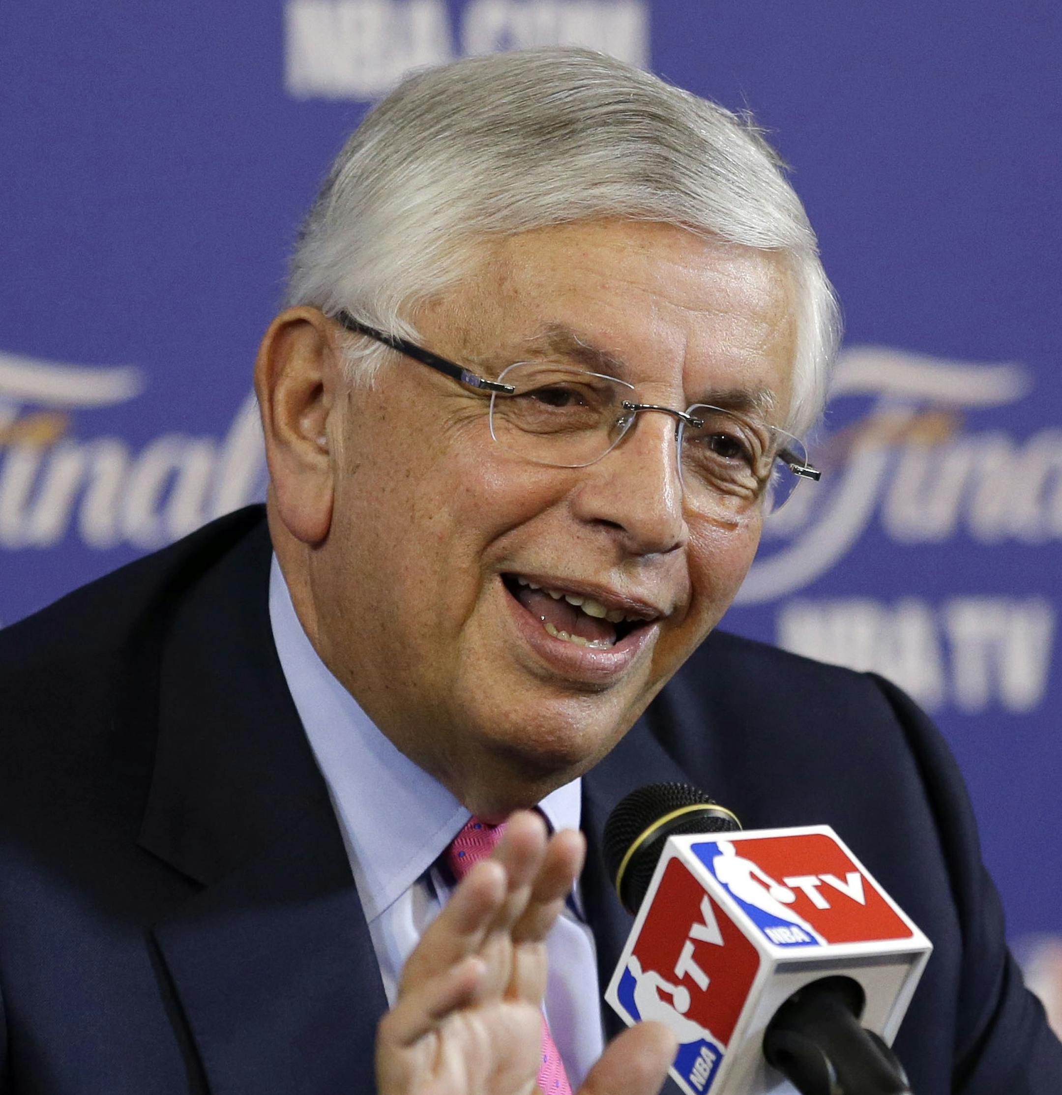 NBA commissioner David Stern speaks at a news conference before the start of Game 1 of the NBA Finals basketball game between the San Antonio Spurs and Miami Heat, Thursday, June 6, 2013 in Miami. Stern is retiring February 1, 2014. (AP Photo/Wilfredo Lee) ORG XMIT: MIN2013062620310973