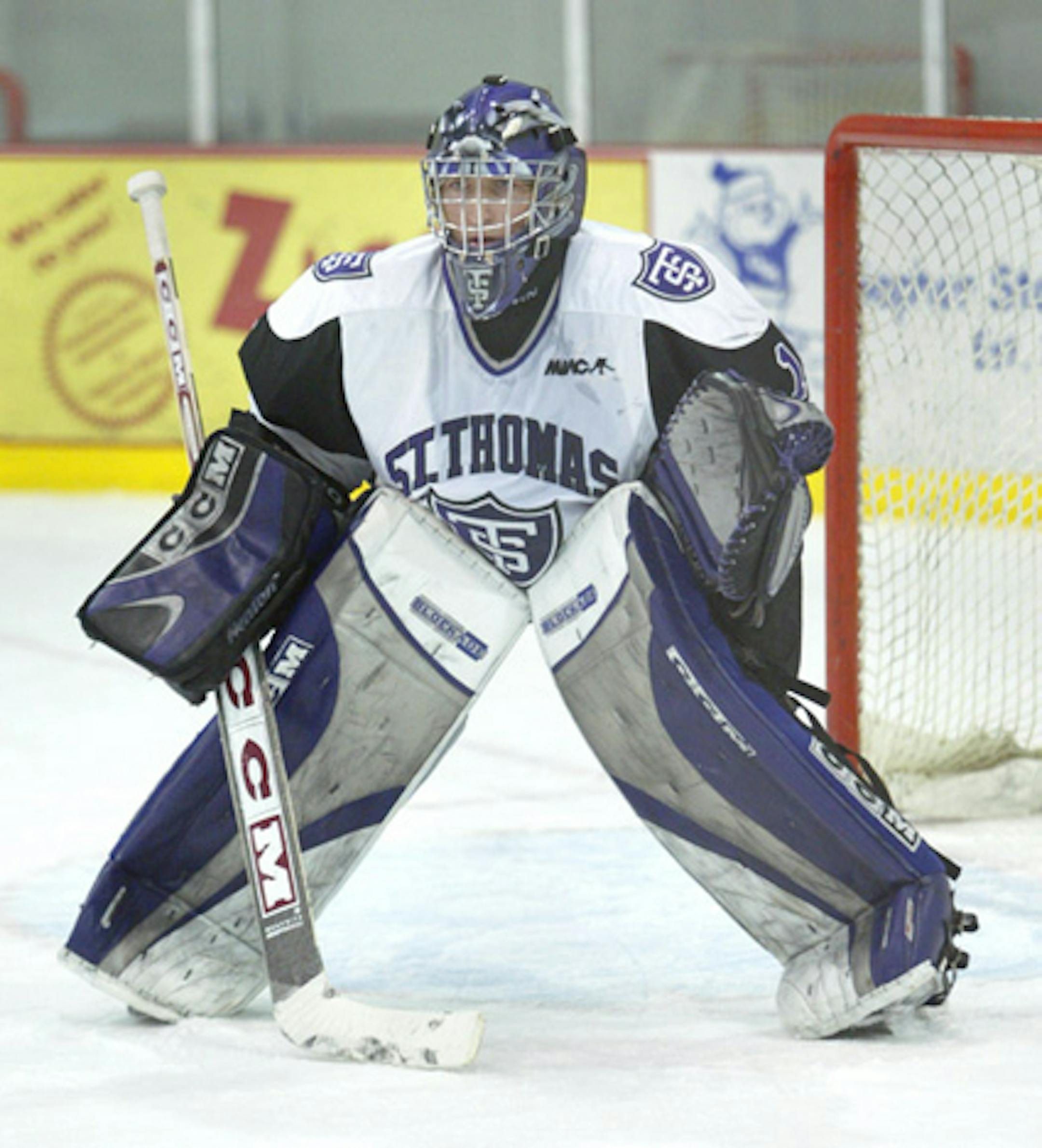 Goalie Zach Sikich in 2004 (University of St. Thomas photo.)