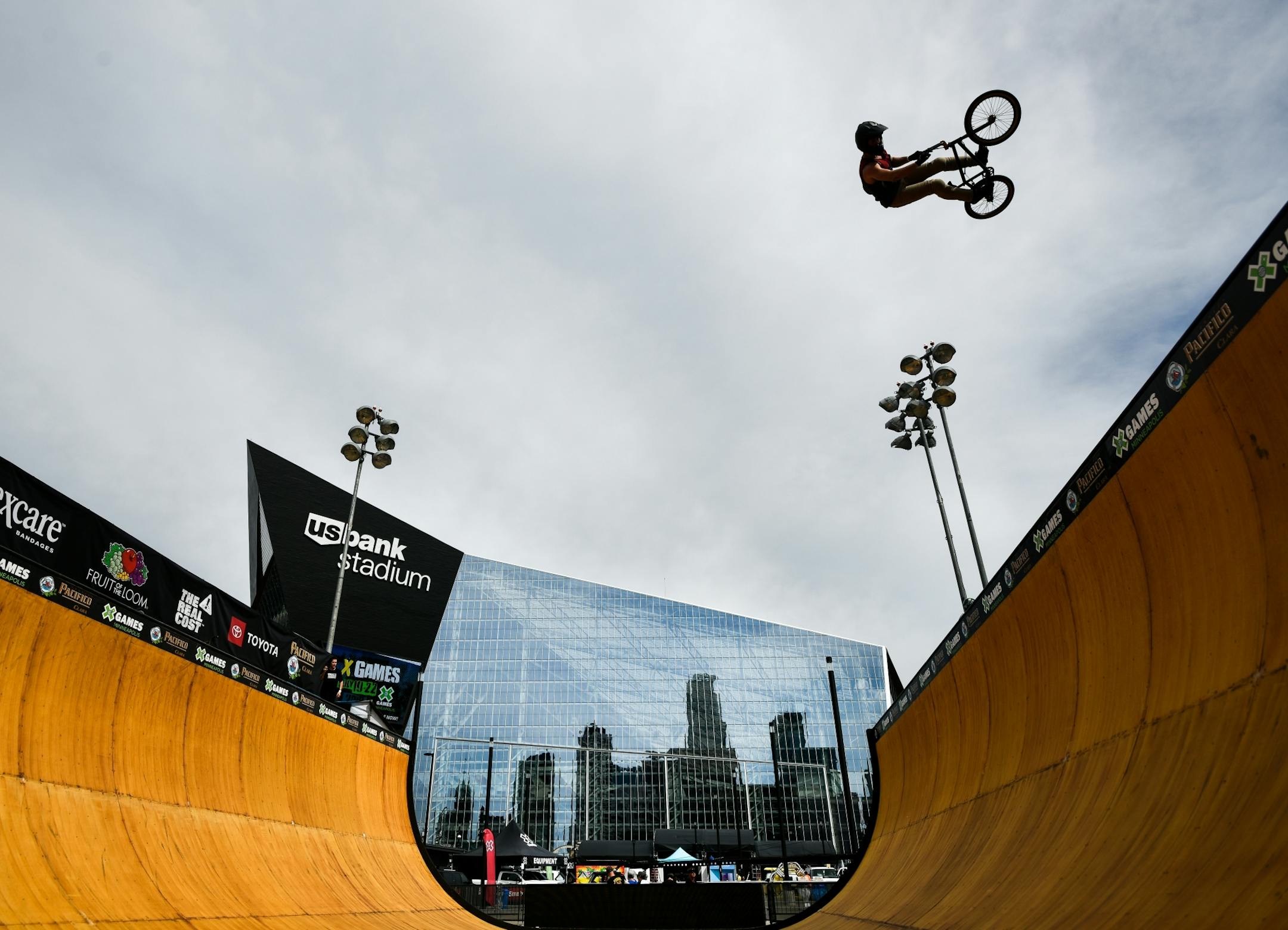 Defending X Games BMX vert gold medalist Vince Byron caught some big air launching out of the vert ramp Wednesday during vert practice outside US Bank Stadium.