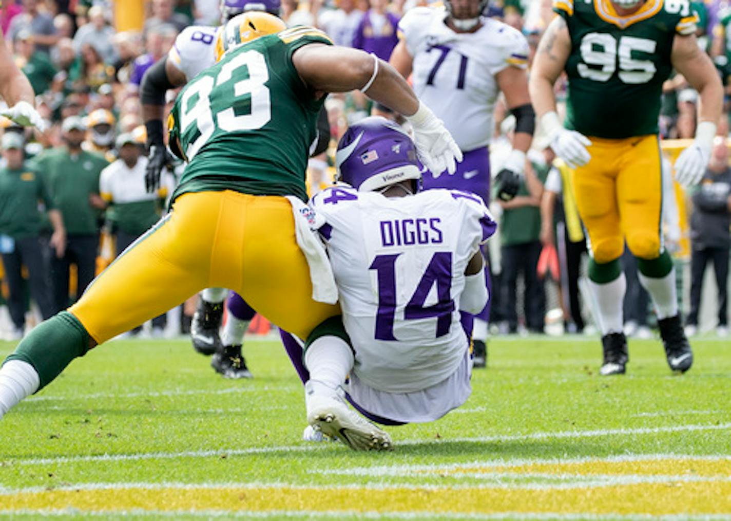 Minnesota Vikings receiver Stefon Diggs (14) caught a pass in the end zone for what looked to be a touchdown, but the play was nullified by an offensive pass interference penalty in the second quarter.