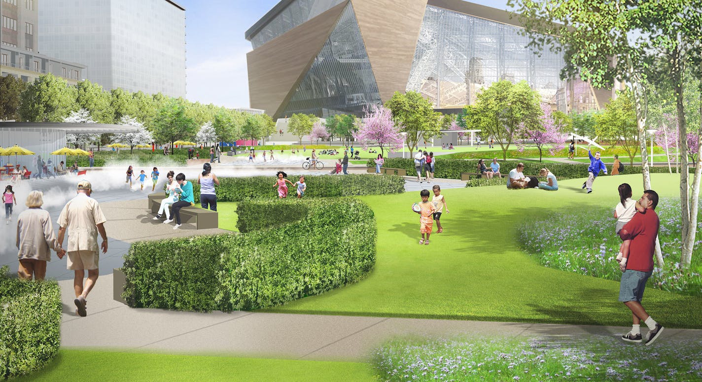 Landscape architect Hargreaves Associates unveils Wednesday night close-to-final concept designs for The Commons -- the first images that actually show the direction the park design is headed. proposed park on site of former Star Tribune building and parking lot next to Vikings stadium.