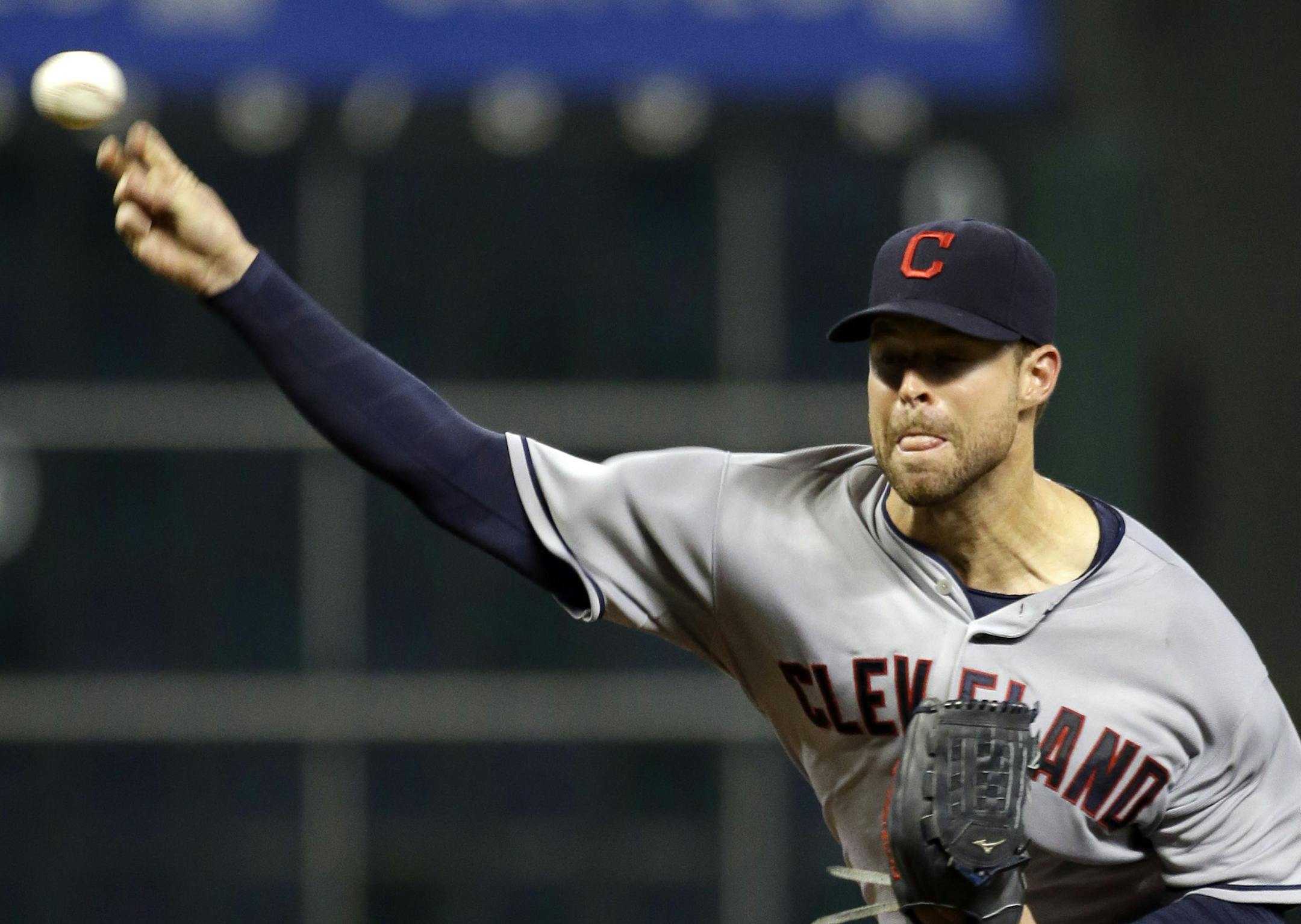 Cleveland Indians starting pitcher Corey Kluber throws against the Houston Astros during the first inning of a baseball game Tuesday, Sept. 16, 2014, in Houston. (AP Photo/David J. Phillip)
