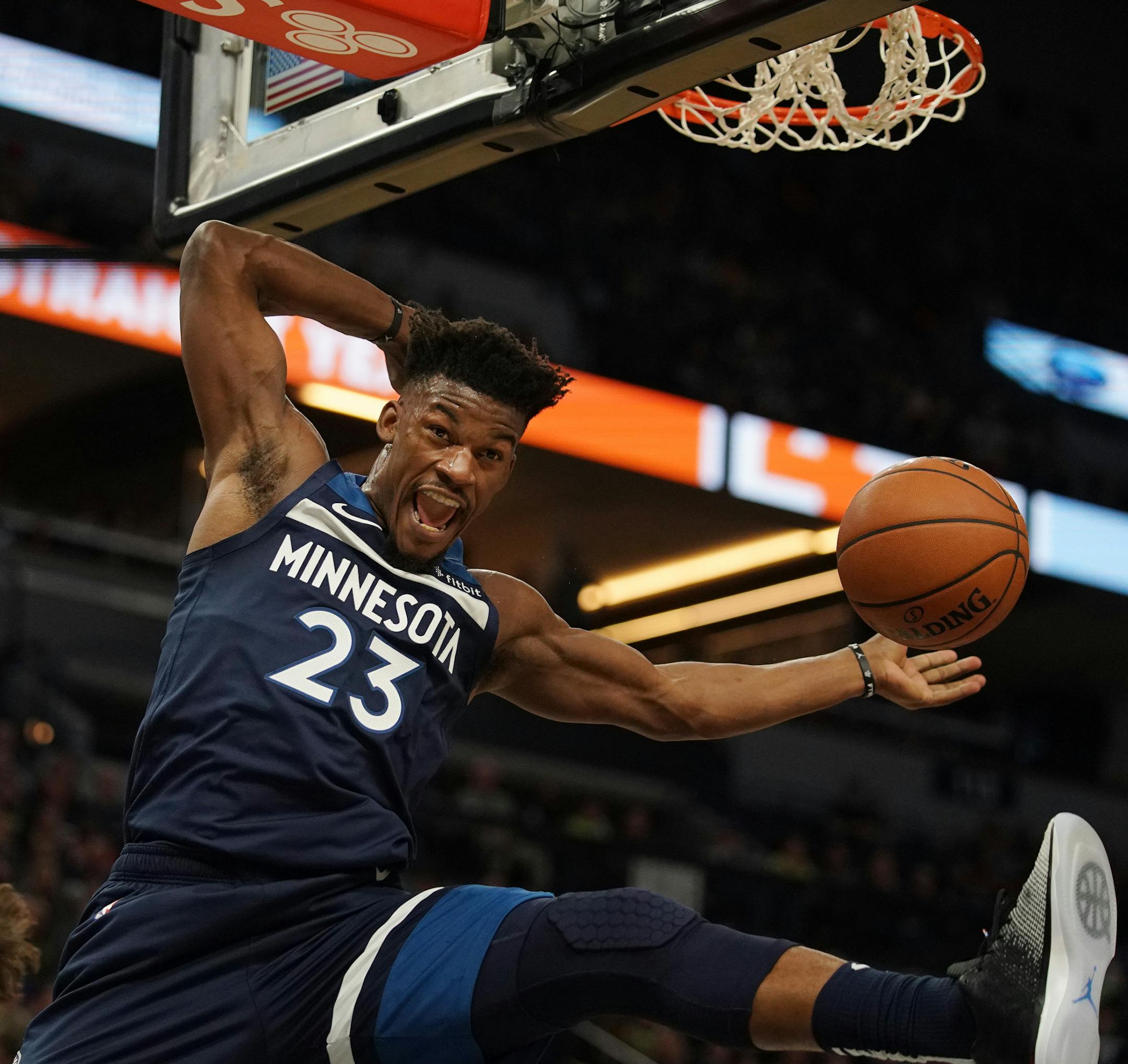 Minnesota Timberwolves guard Jimmy Butler (23) dunked the ball in the first half. ] ANTHONY SOUFFLE ï anthony.souffle@startribune.com The Minnesota Timberwolves played the Cleveland Cavaliers in their NBA season home opener Friday, Oct. 19, 2018 at the Target Center in Minneapolis.
