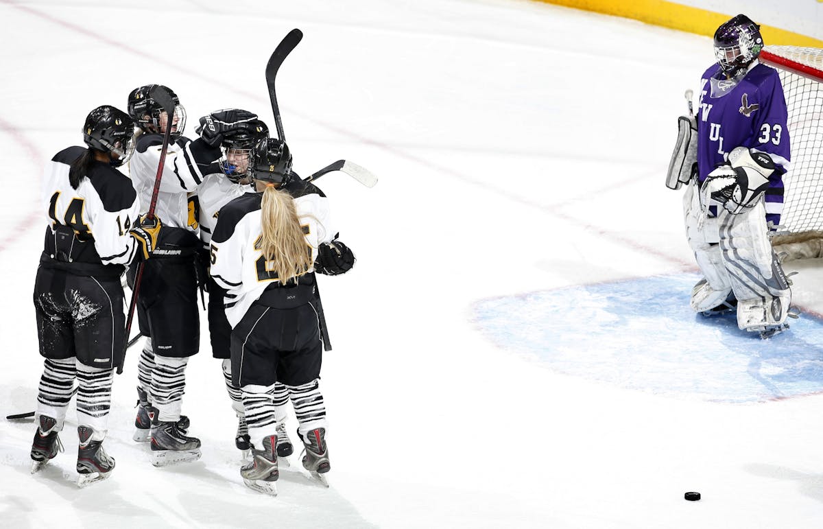 Warroad players celebrated after a goal past New Ulm goalie Julia Schaefer (33) in the second period.