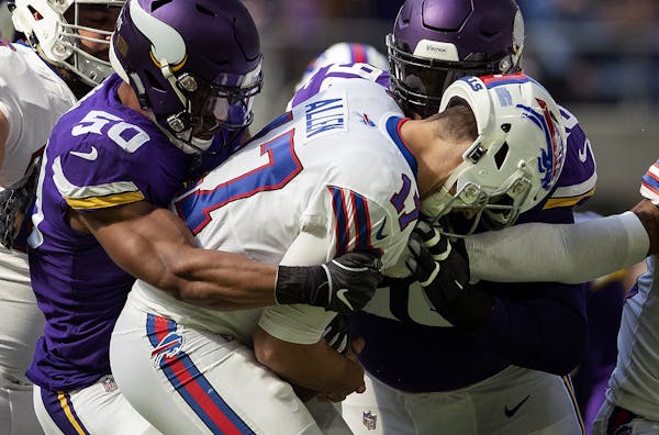A Vikings sack by Eric Wilson on Bills quarterback Josh Allen was nullified by a helmet-to-helmet penalty called on Linval Joseph.