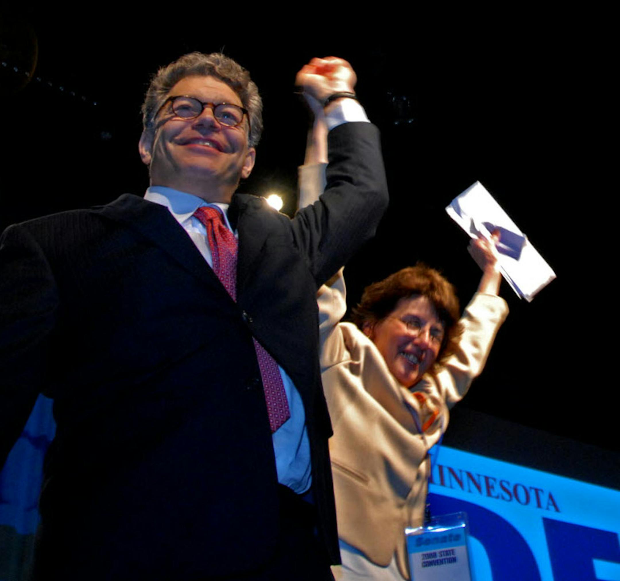 Candidate Al Franken was joined on stage by his wife, Franni Franken, after his speech to the DFL State Convention prior to balloting to decide the endorsement.