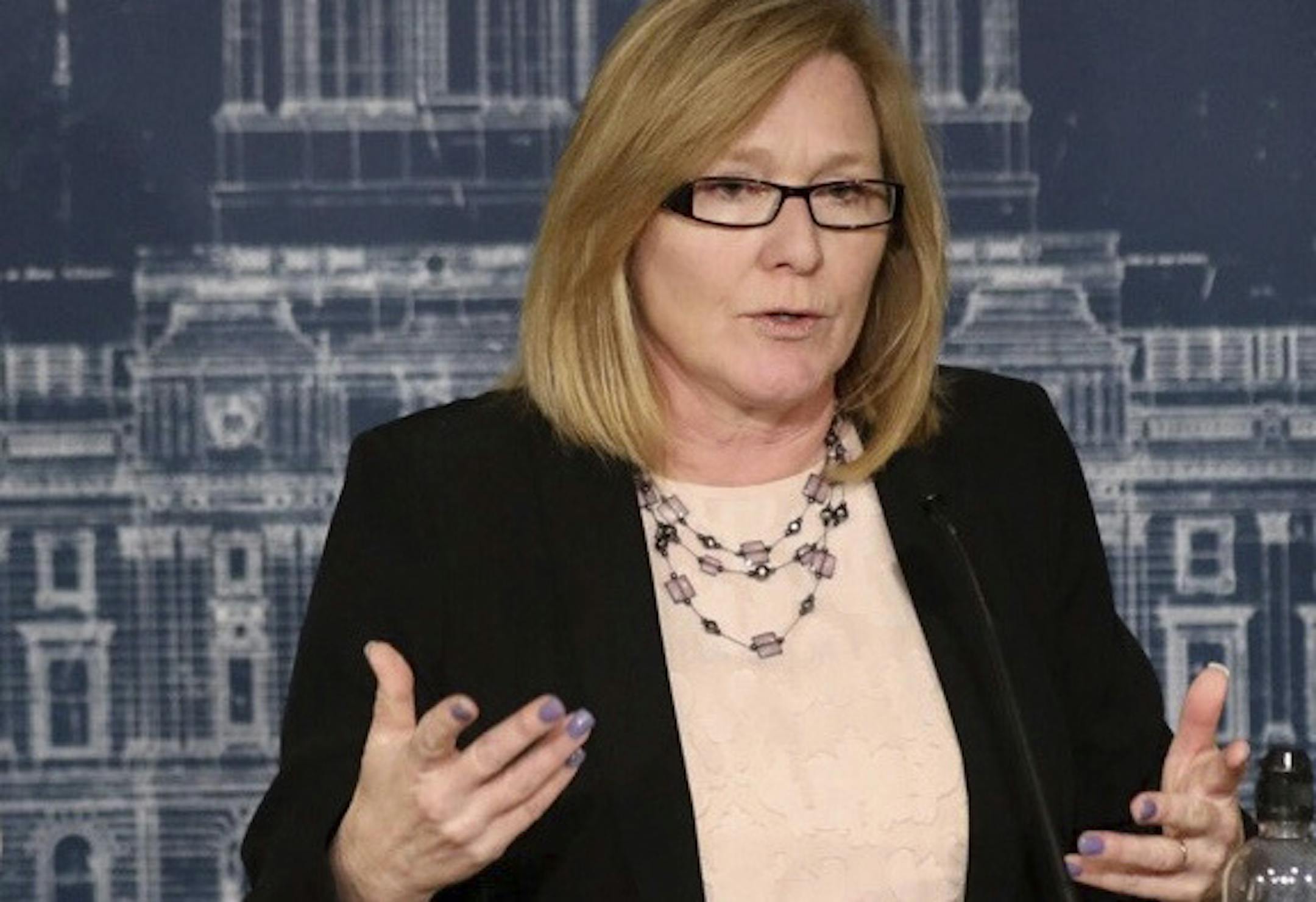 Minnesota Sen. and Senate President Michelle Fischbach holds a Capitol press conference Wednesday, Dec. 13, 2017, in St. Paul, Minn. The constitution says the state Senate president ascends to the lieutenant governor's office. Fischbach said she expects to keep both jobs, a move that would help Republicans retain their edge in the chamber after Gov. Mark Dayton appointed fellow Democrat Lt. Gov. Tina Smith on Wednesday to take U.S. Sen. Al Franken's seat when he steps down. (Brian Peterson/Star