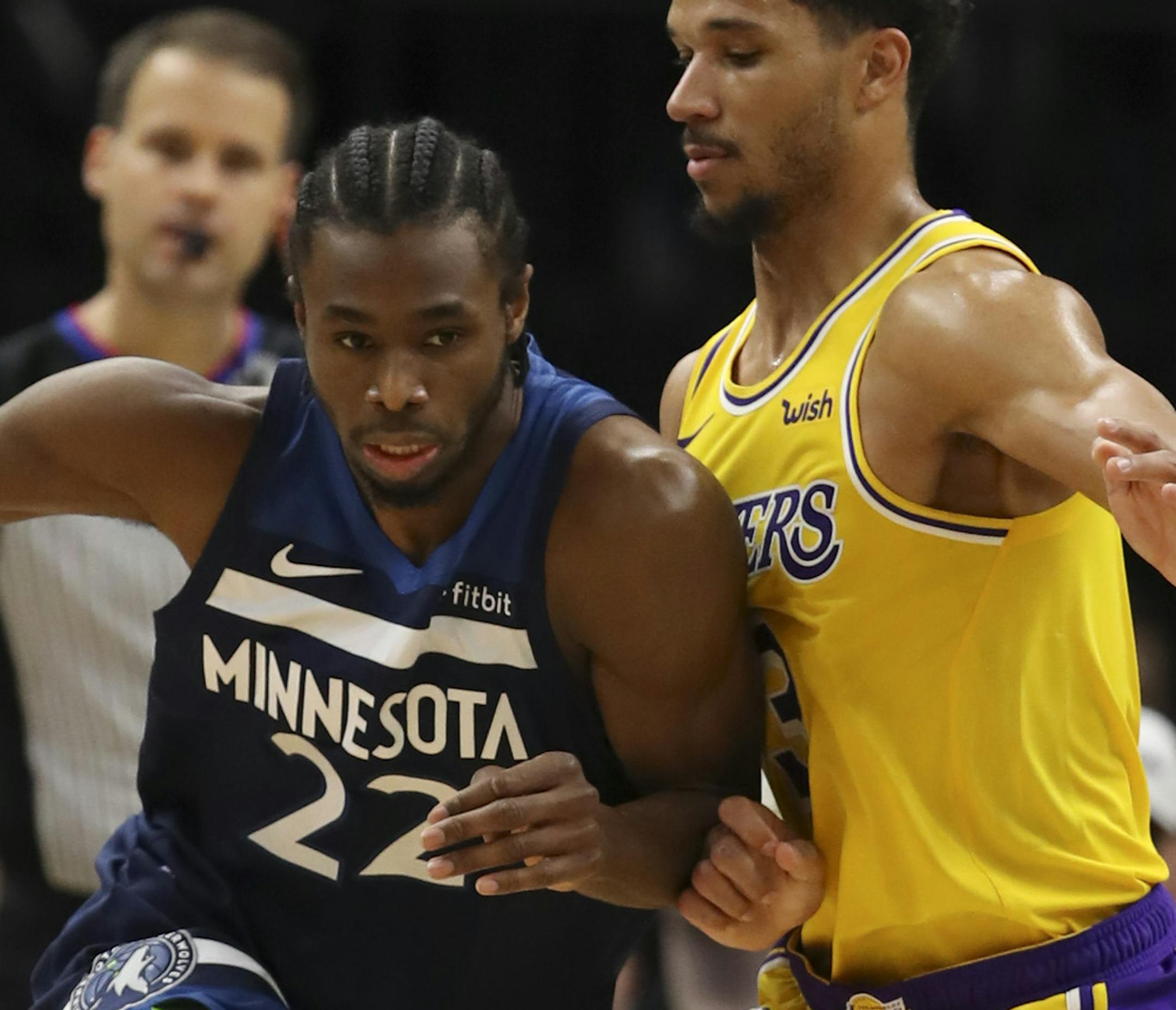 Minnesota Timberwolves forward Andrew Wiggins (22) drove against the defense of Los Angeles Lakers guard Josh Hart (3) in the second half. ] JEFF WHEELER &#x2022; jeff.wheeler@startribune.com The Minnesota Timberwolves defeated the Los Angeles Lakers 108-86 in an NBA basketball game Sunday afternoon, January 6, 2019 at Target Center in Minneapolis.