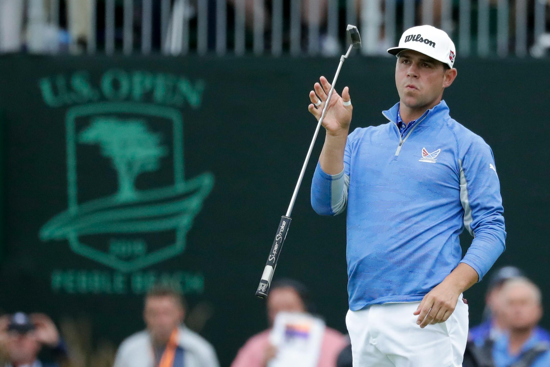 Gary Woodland reacts after missing a putt on the 18th hole during the third round of the U.S. Open golf tournament Saturday, June 15, 2019, in Pebble Beach, Calif. (AP Photo/Matt York)