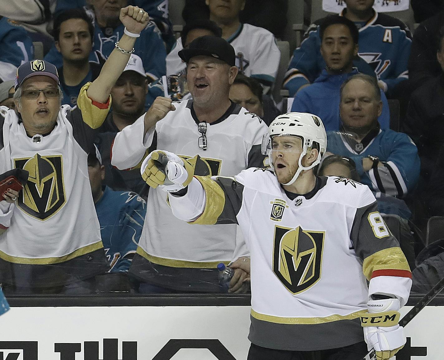 Vegas Golden Knights center Jonathan Marchessault celebrates after scoring a goal against the San Jose Sharks during the second period of Game 3 of an NHL hockey second-round playoff series in San Jose, Calif., Monday, April 30, 2018. (AP Photo/Jeff Chiu)