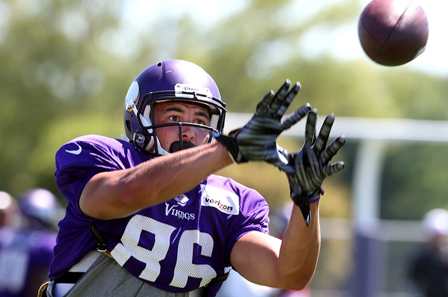 Chase Ford caught a pass during Vikings training camp at Minnesota State University Mankato Wednesday July 29, 2015 in Mankato, MN.