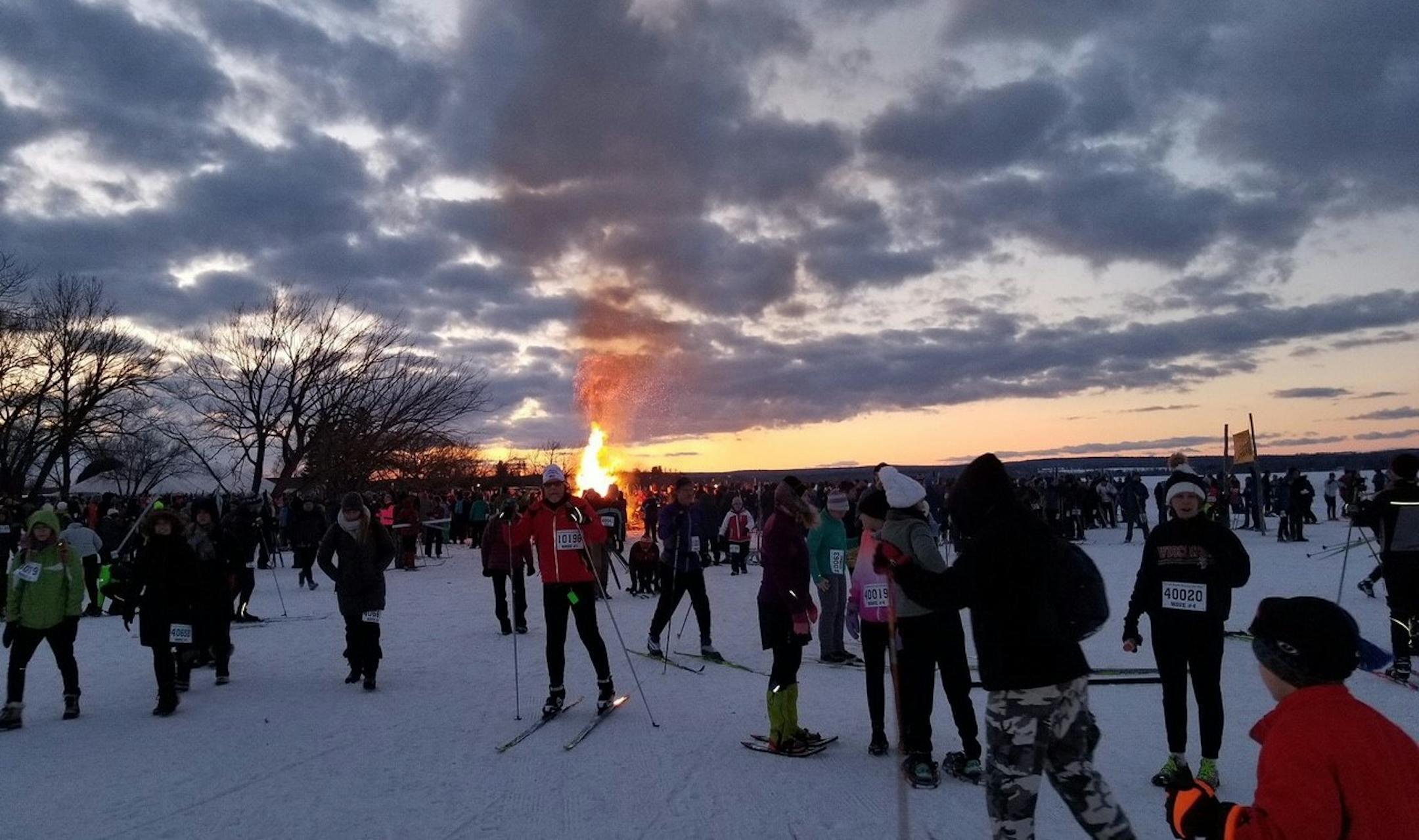 Skiers at the start of the Book Across the Bay race in Ashland, Wis.