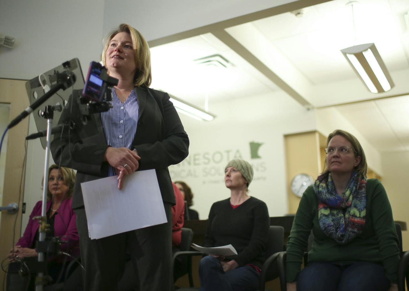 Laura Bultman, Chief Medical Officer at Minnesota Medical Solutions spoke at the start of a news conference Monday afternoon at the Minnesota Medical Solutions Patient Center. ] JEFF WHEELER &#xef; jeff.wheeler@startribune.com Patients and clinicians reflected on the first six months of Minnesota's medical marijuana program. Patients shared their personal treatment stories and a clinicians will discussed patient care and the program itself at the Minnesota Medical Solutions Patient Center in Min