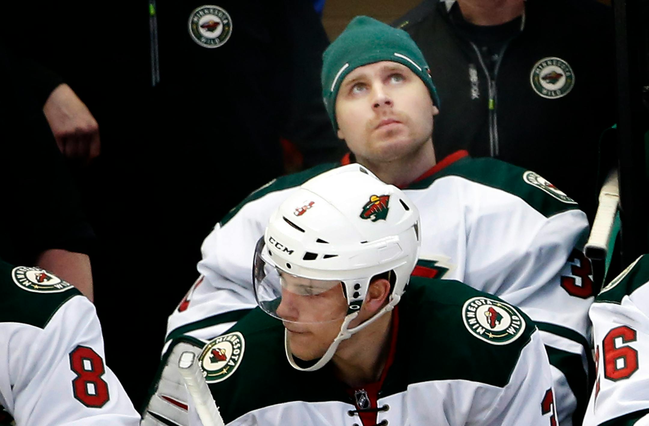 Minnesota Wild goalie Ilya Bryzgalov (30) watched from the bench after being taken out of the game in the second period of Game 2.