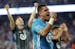 Minnesota United's Vito Mannone, foreground, celebrates with his team after a win over FC Dallas in an MLS soccer match Saturday, July 13, 2019, in St