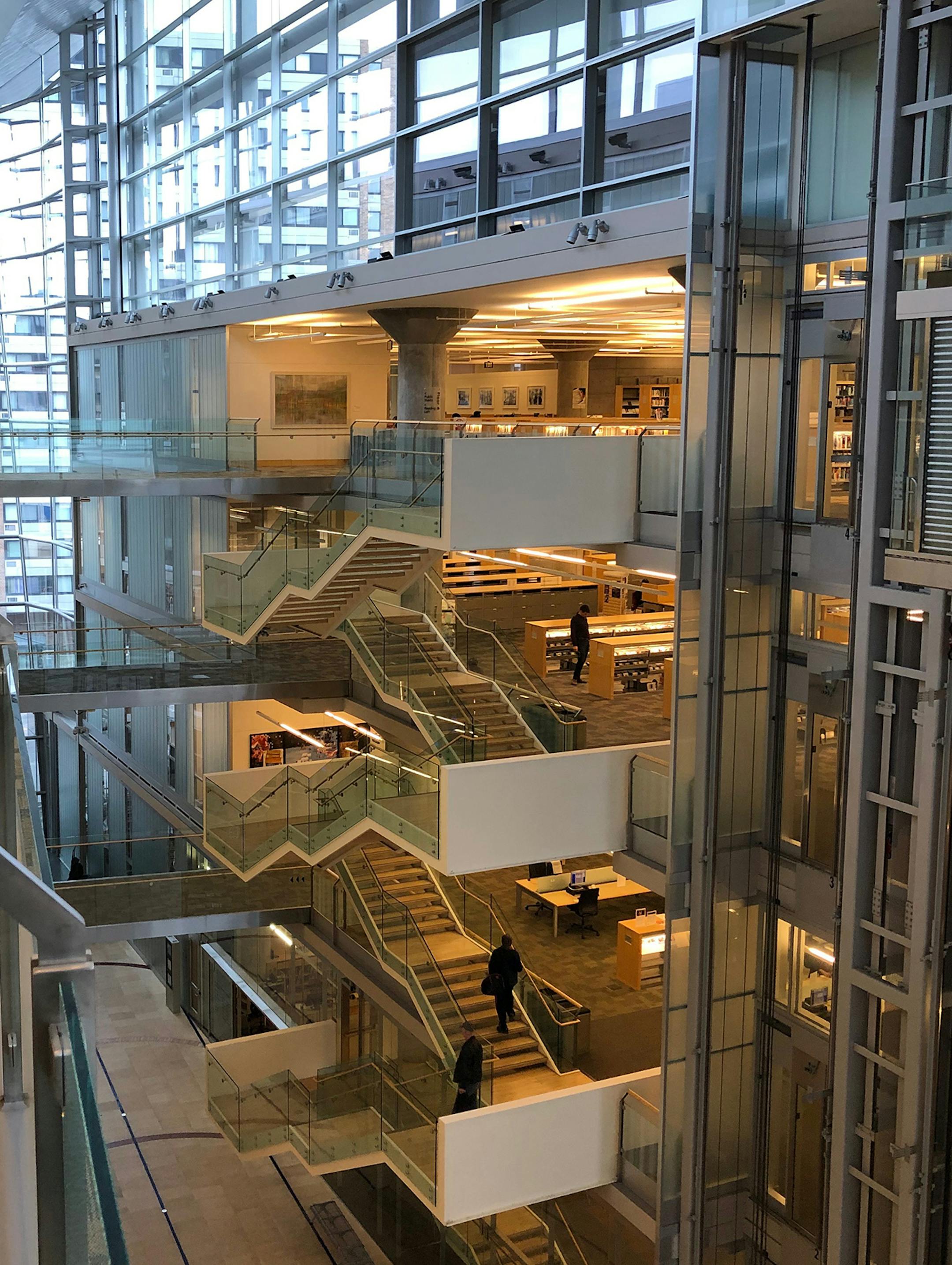 These are two shots from the fourth floor reading tables in the “lobby” of the downtown Central Library. An eye-catching spot in a quietly iconic Minneapolis building. David Fettig, Minneapolis
